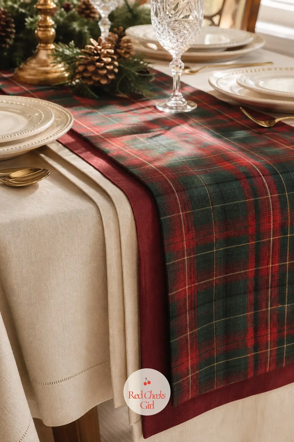 Cloth, Runner And The Layers Underneath — A cream tablecloth sets the base layer, a tartan runner runs the length of the table down the center, and cream