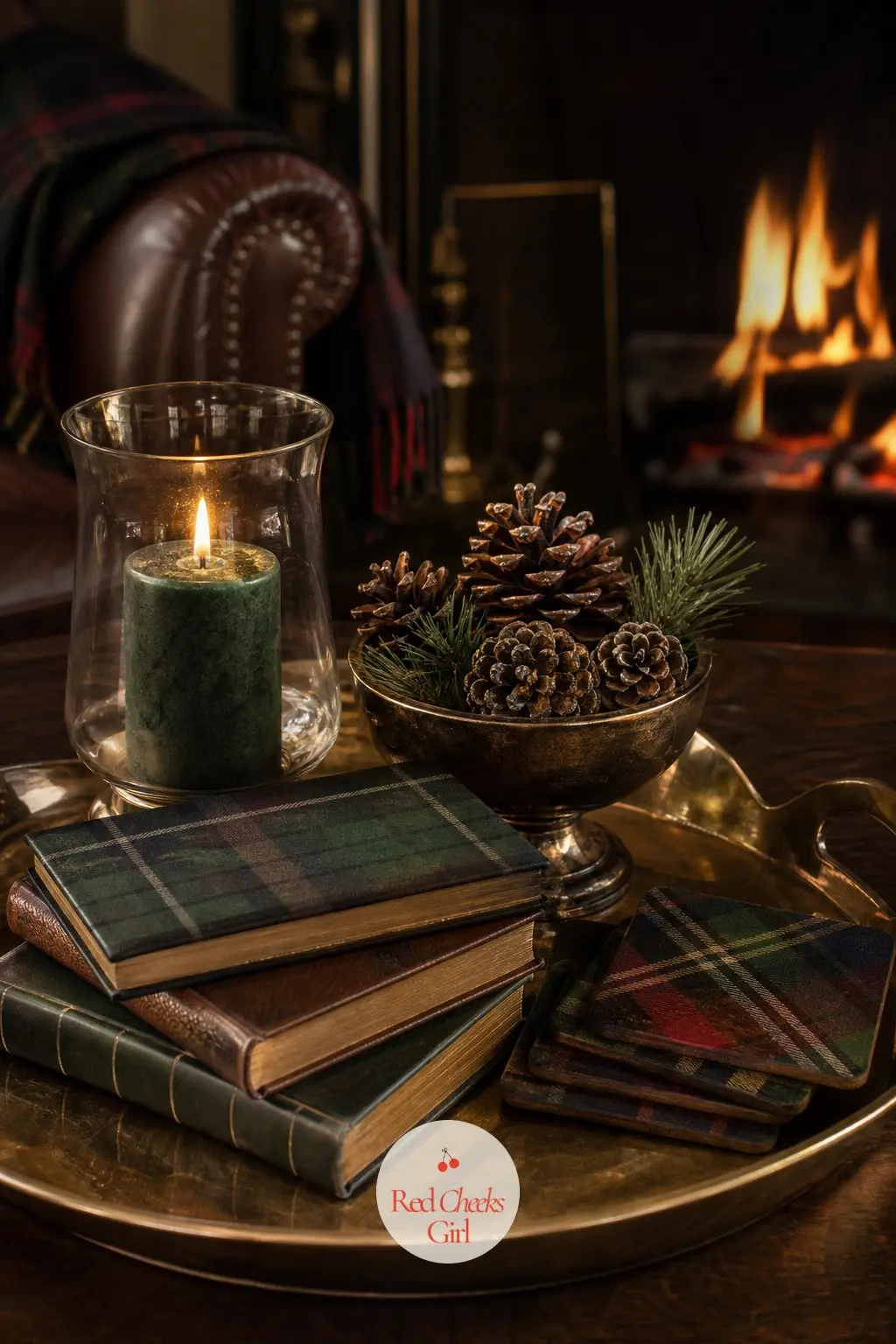 A Coffee Table Set For Lingering — A brass tray holds a lit bayberry candle and a small bowl of pinecones, with a stack of coffee table books underneath and a