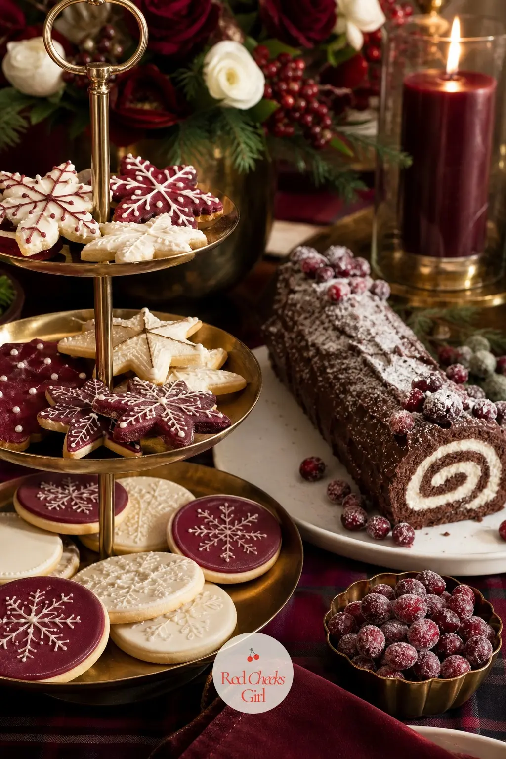 A Dessert Table In Oxblood And Cream — A three tier brass stand carries shortbread fingers and sugar cookies iced in cream and oxblood, with a chocolate yule