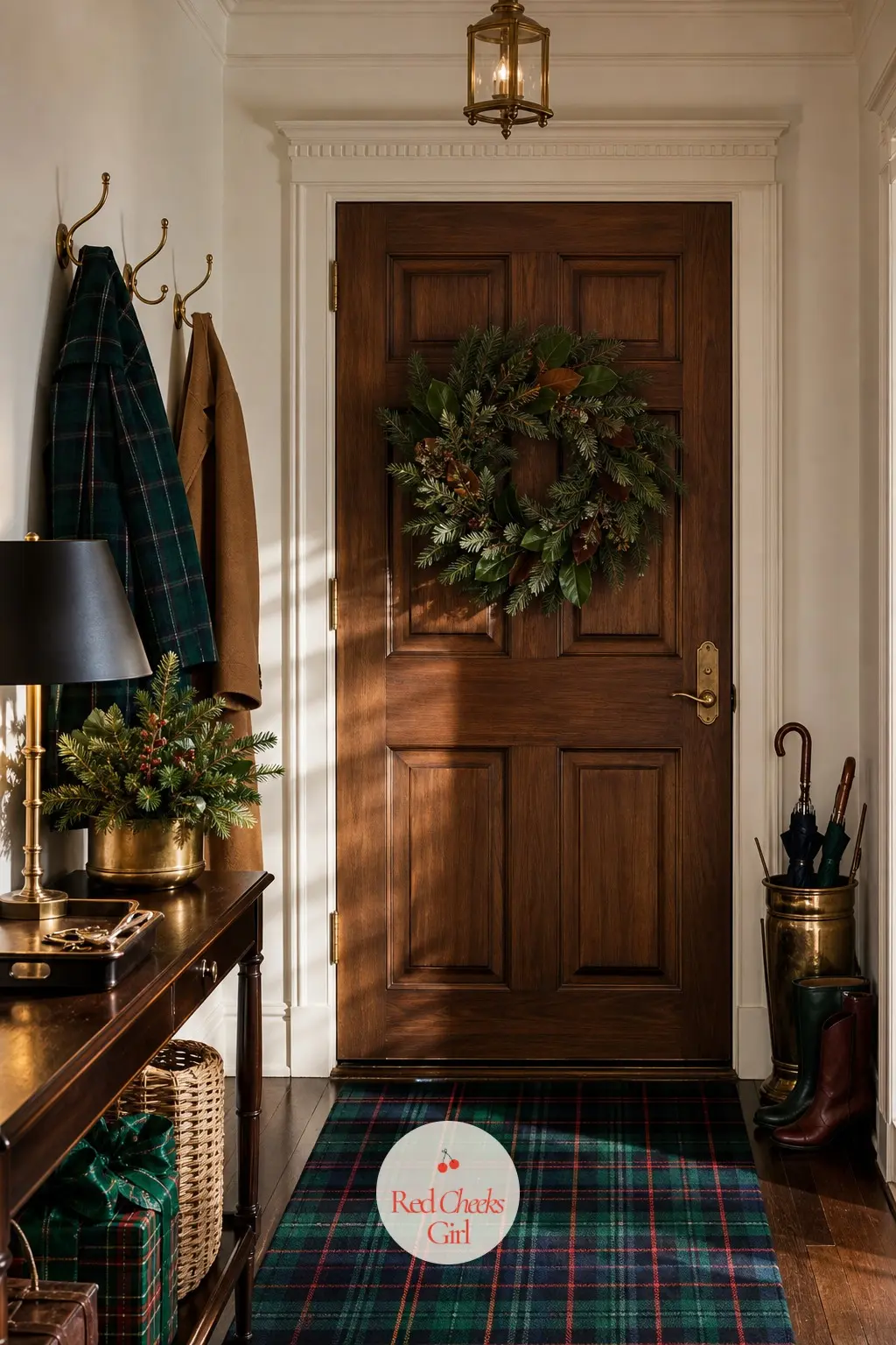 The Entryway Just Inside The Door — A small tartan accent rug sits just inside the threshold, brass hooks along the wall hold coats and scarves, and a console