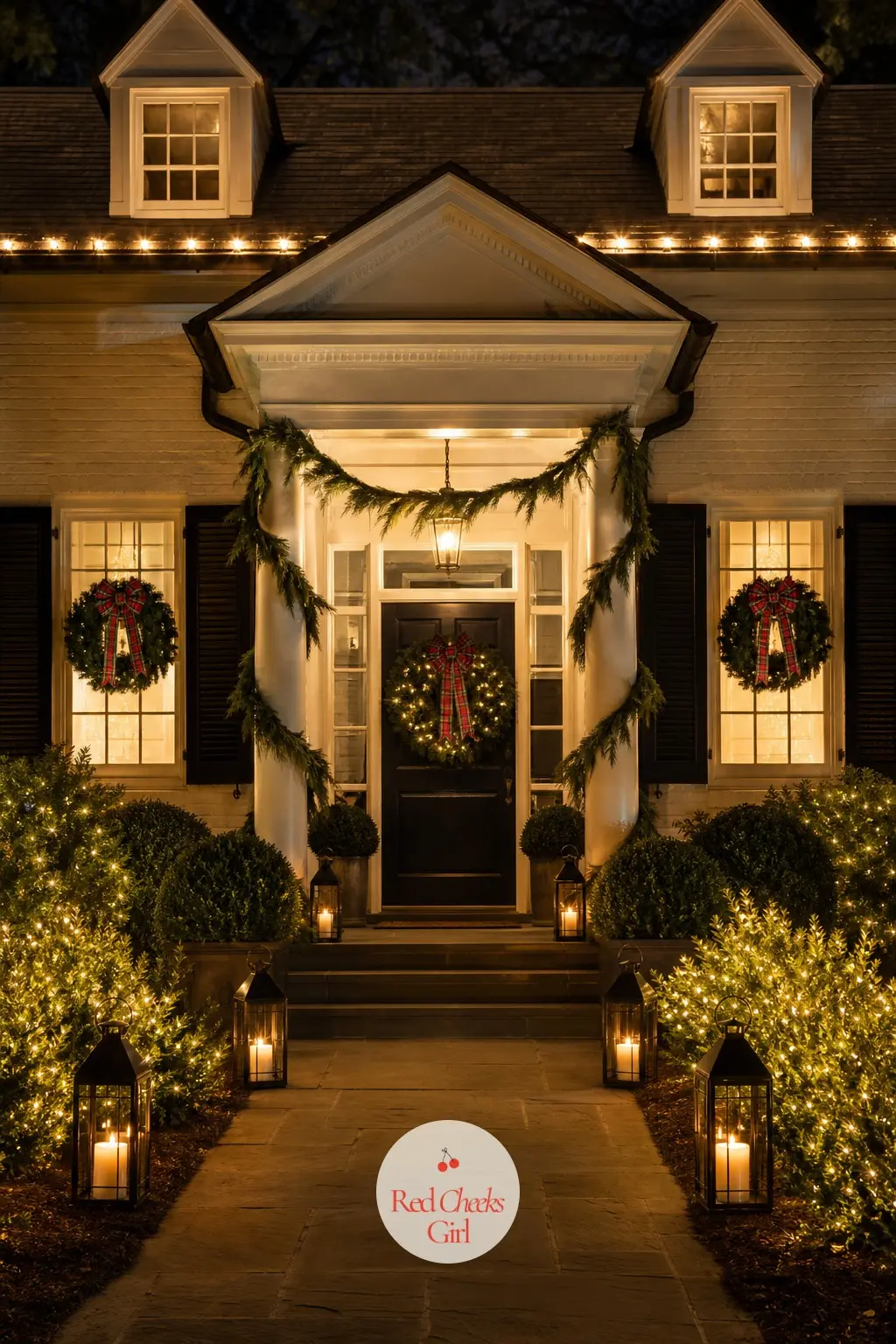 The Facade Lit Up After Dark — Warm white lights trace the roofline, a wreath hangs in each front window with a small tartan bow at its base, and lanterns mark