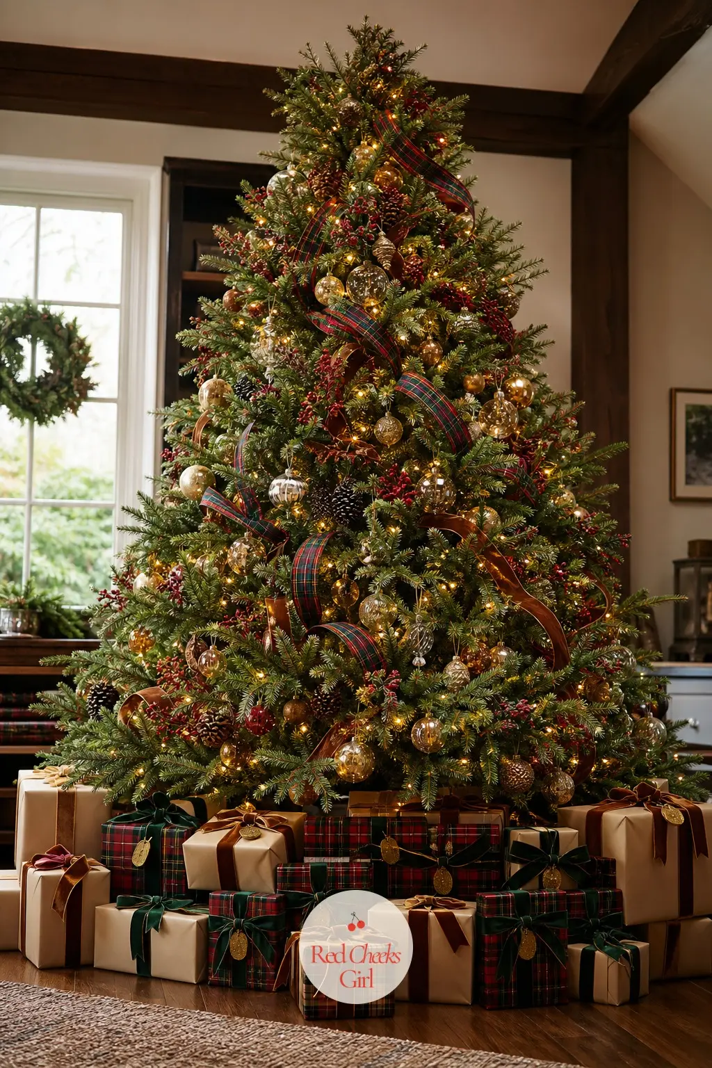 Gifts Wrapped To Match The Tree — Presents under the tree alternate between cream paper and a tartan wrap, each one finished with a velvet ribbon bow and a