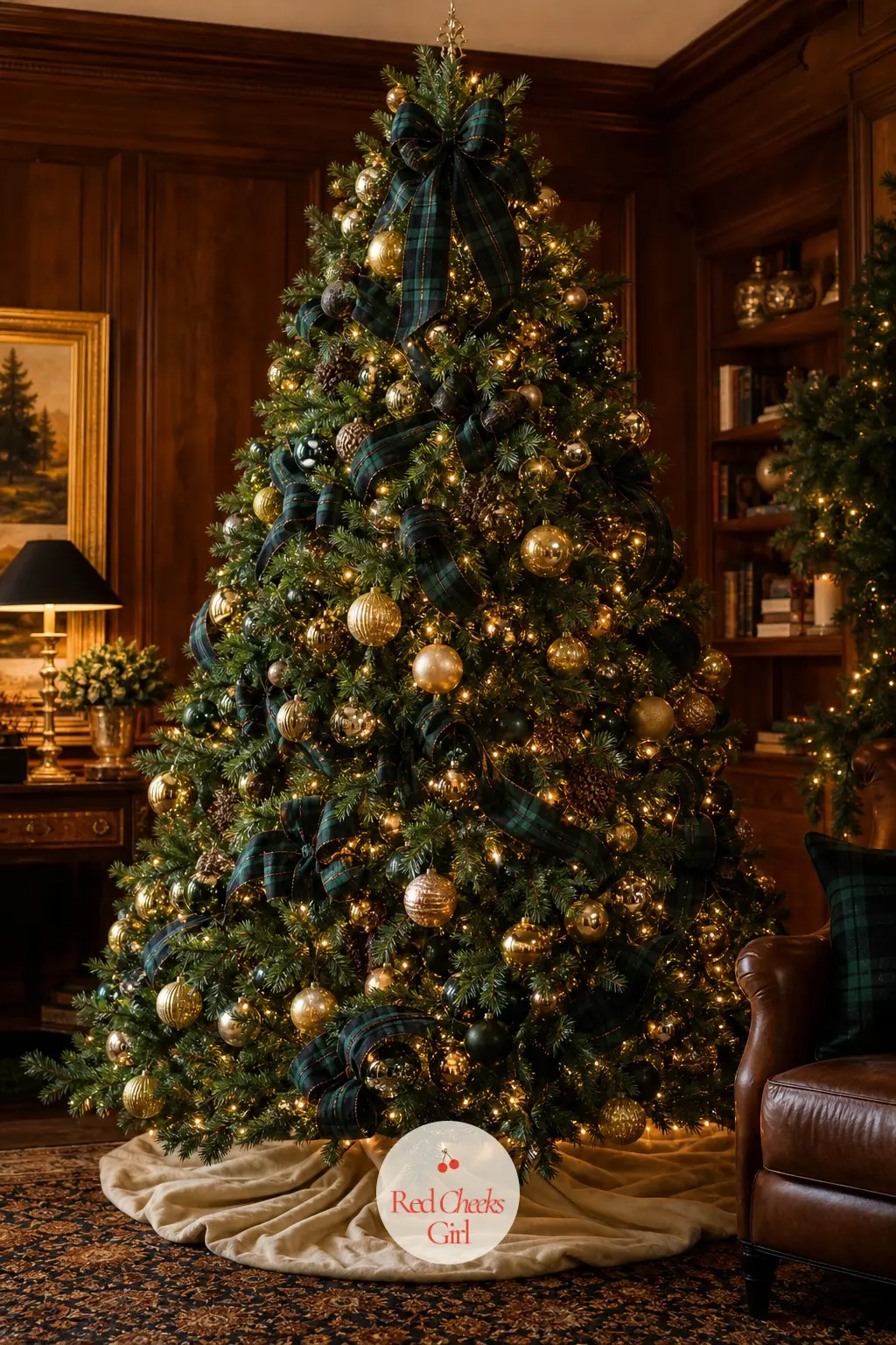 One Full Blackwatch Tree, Lit Warm — Wide blackwatch tartan ribbon loops loose through the branches rather than wrapping tight, with brass ball ornaments
