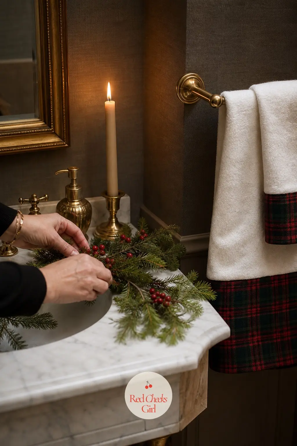 The Powder Room, Small And Polished — A set of guest towels with a tartan trim hangs folded over the rail, a brass soap pump sits on the edge of the sink, and