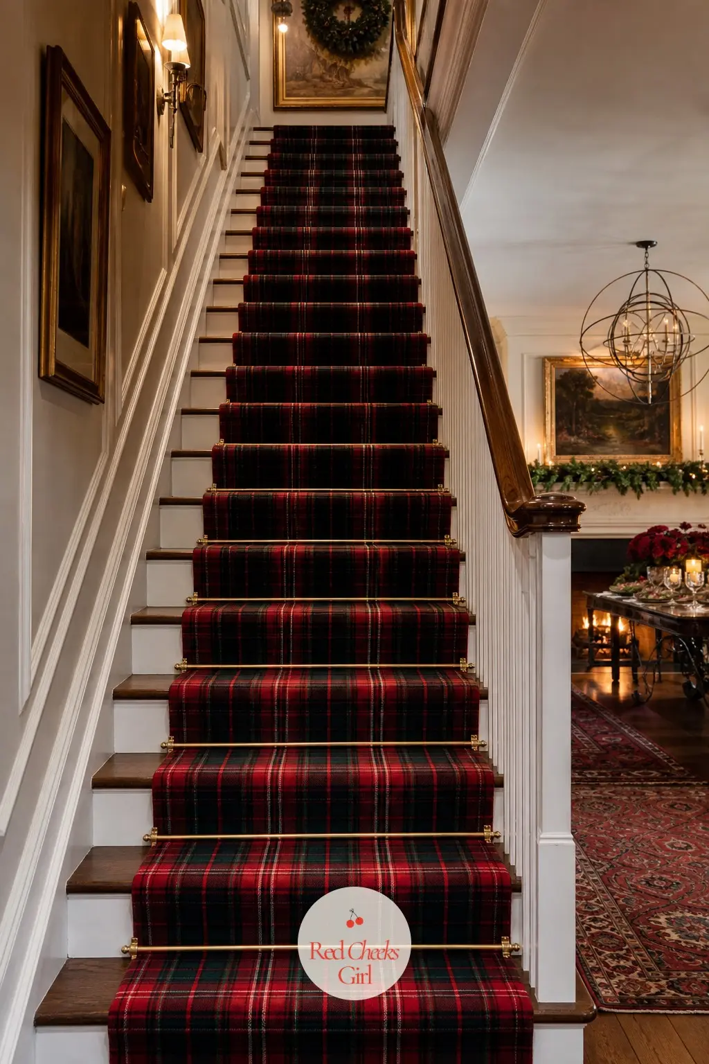 A Staircase Runner In Tartan Wool — A tartan wool runner lies down the center of each step, held flat with brass stair rods at every riser, while the banister