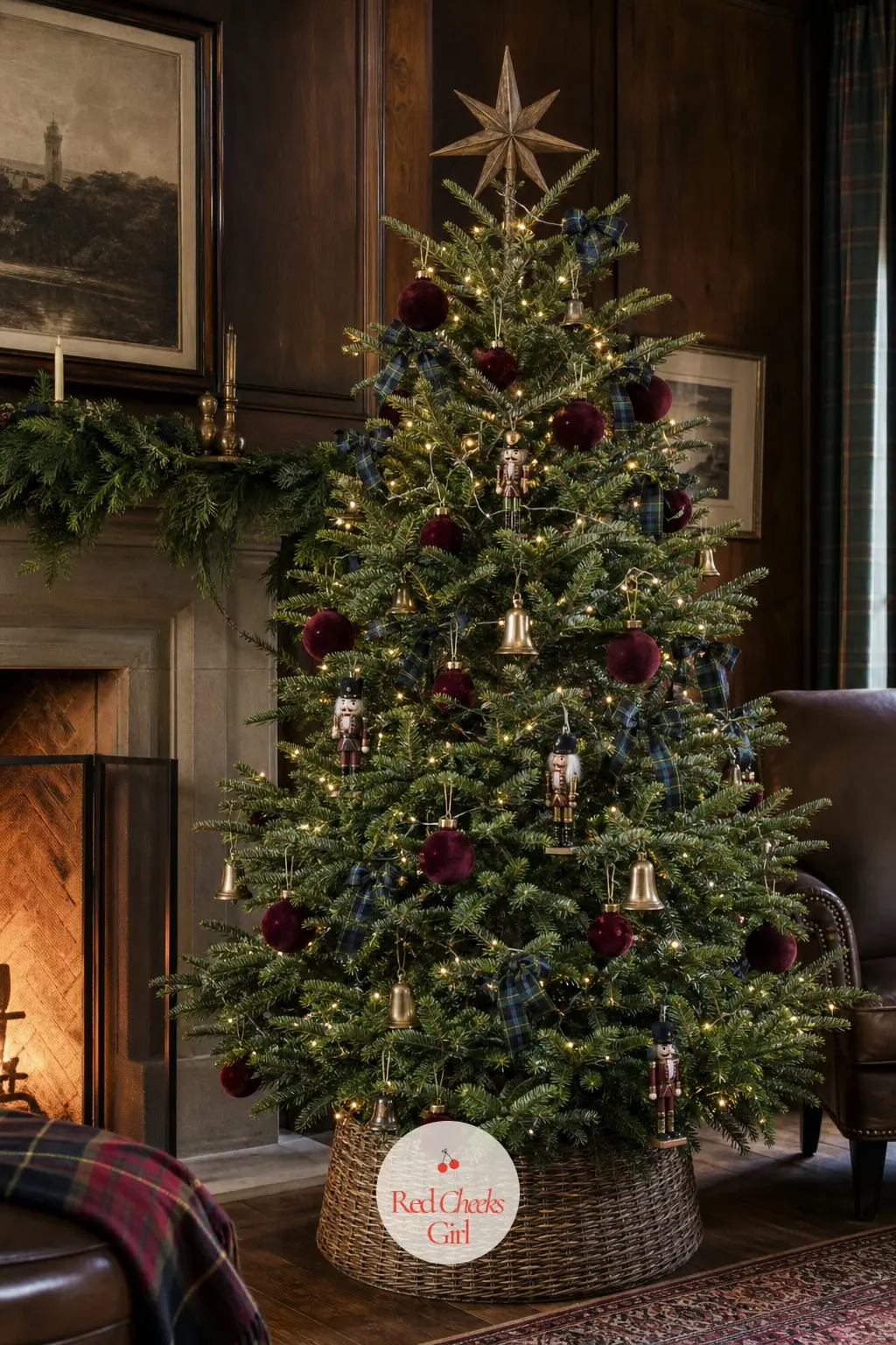 A Black Watch Noble Fir by the Fireplace — Dark panelling and a lit fireplace already do half the work here, so the tree just needs to match the room's