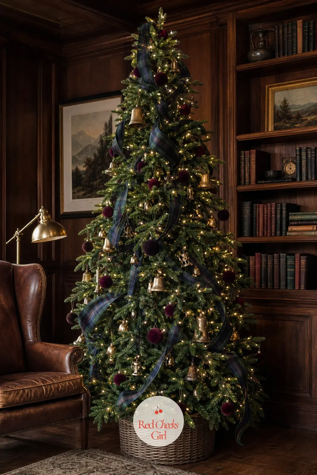 The Blackwatch Library Tree — This is the anchor tree of the whole collection: a real fir wrapped floor to ceiling in Black Watch tartan ribbon, with burgundy