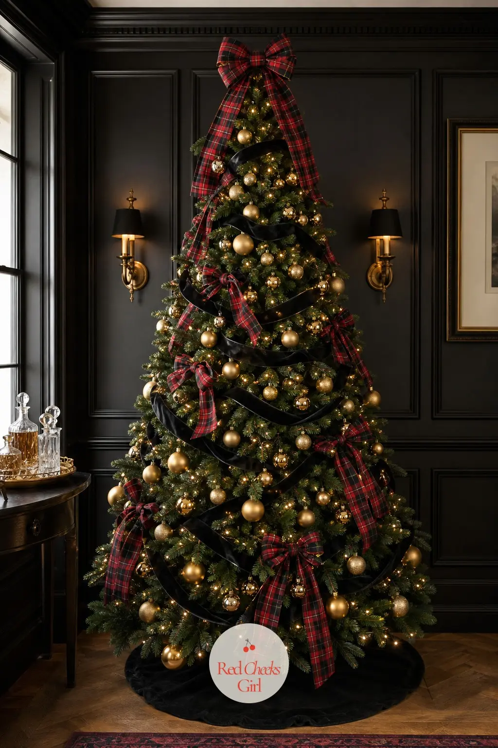 The Bold Blackwatch Statement Tree — The most dramatic tree in the collection, a full pre-lit artificial fir in black velvet ribbon and brushed gold balls