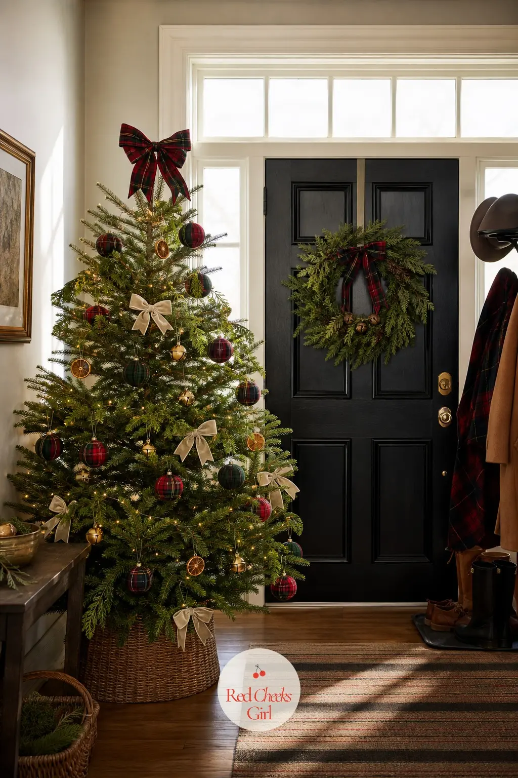 A Cedar and Citrus Tartan Fraser Fir at the Door — The entryway tree gets seen in coats and snow boots, never in good light, so it earns its keep through scent