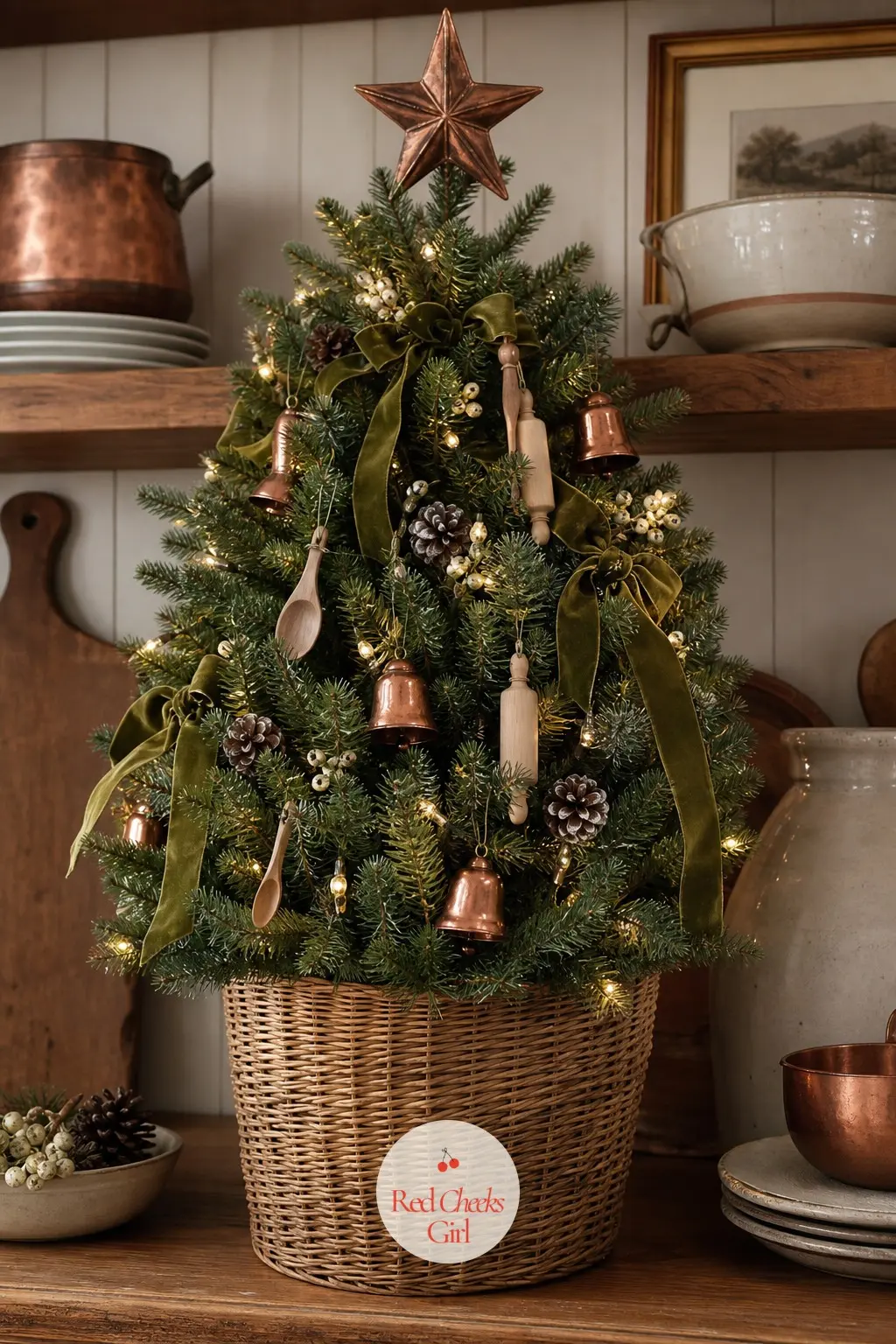 A Copper and Olive Fir on the Open Shelf — On open shelving above the counters, a small real fir carries kitchen-specific ornaments instead of generic baubles