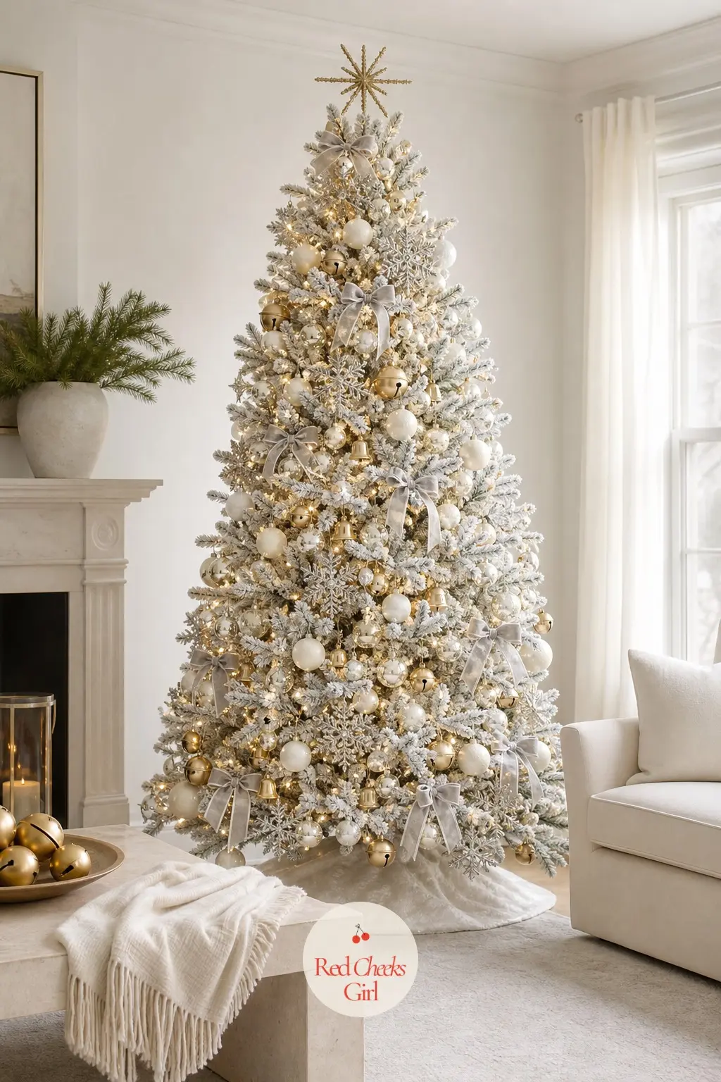 A Flocked Ivory Tree in the White Sitting Room — Against white walls and a low travertine table, the only way to register as a tree at all is texture. Ralph