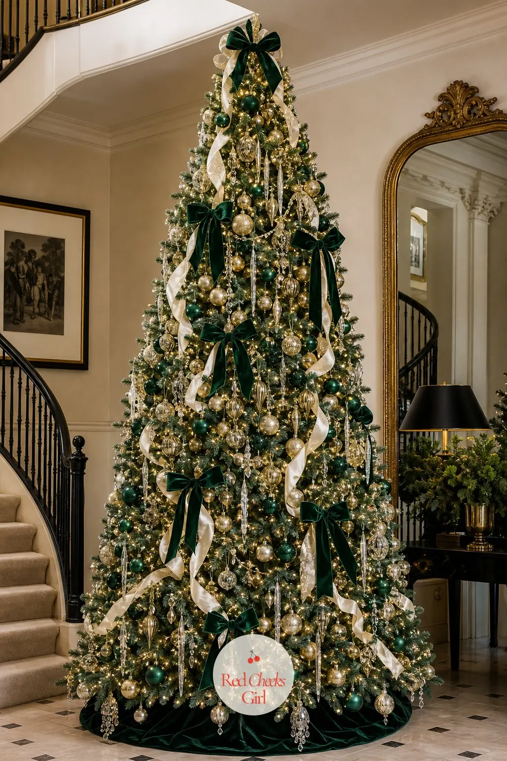 The Grand Emerald Glam Tree — The biggest tree in the whole collection, a floor to ceiling pre-lit artificial fir dressed in emerald velvet bows, gold balls