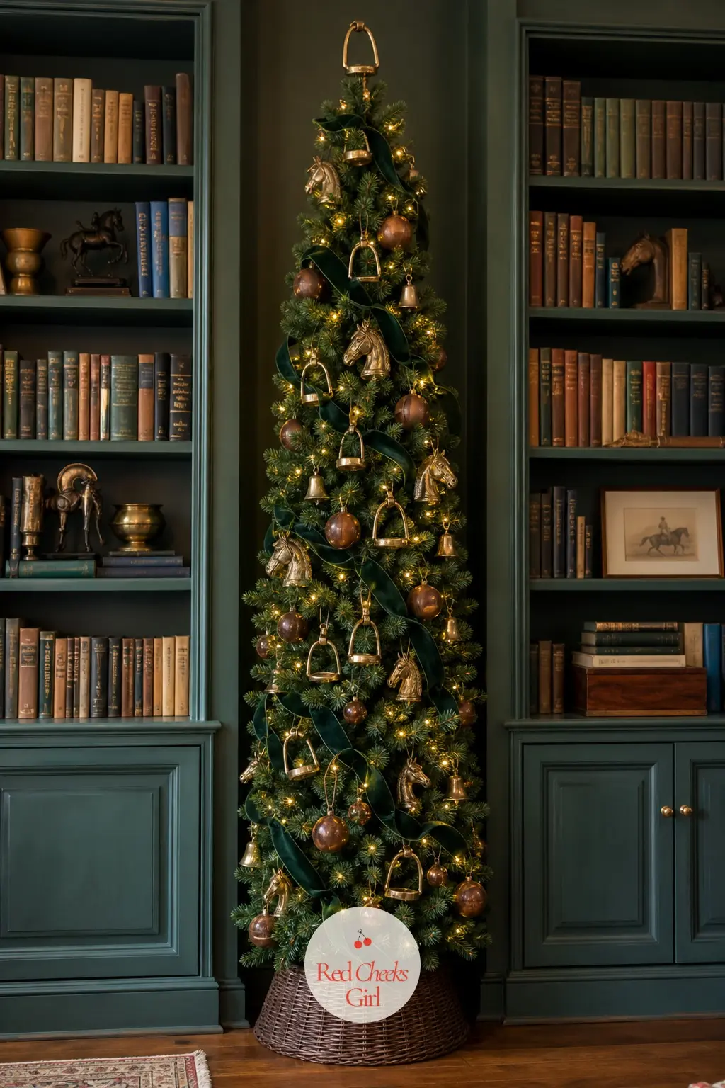 A Hunter Green Pencil Tree Between the Bookshelves — Fitted into the gap between two bookshelves, a slim pencil tree borrows the room's own props: brass