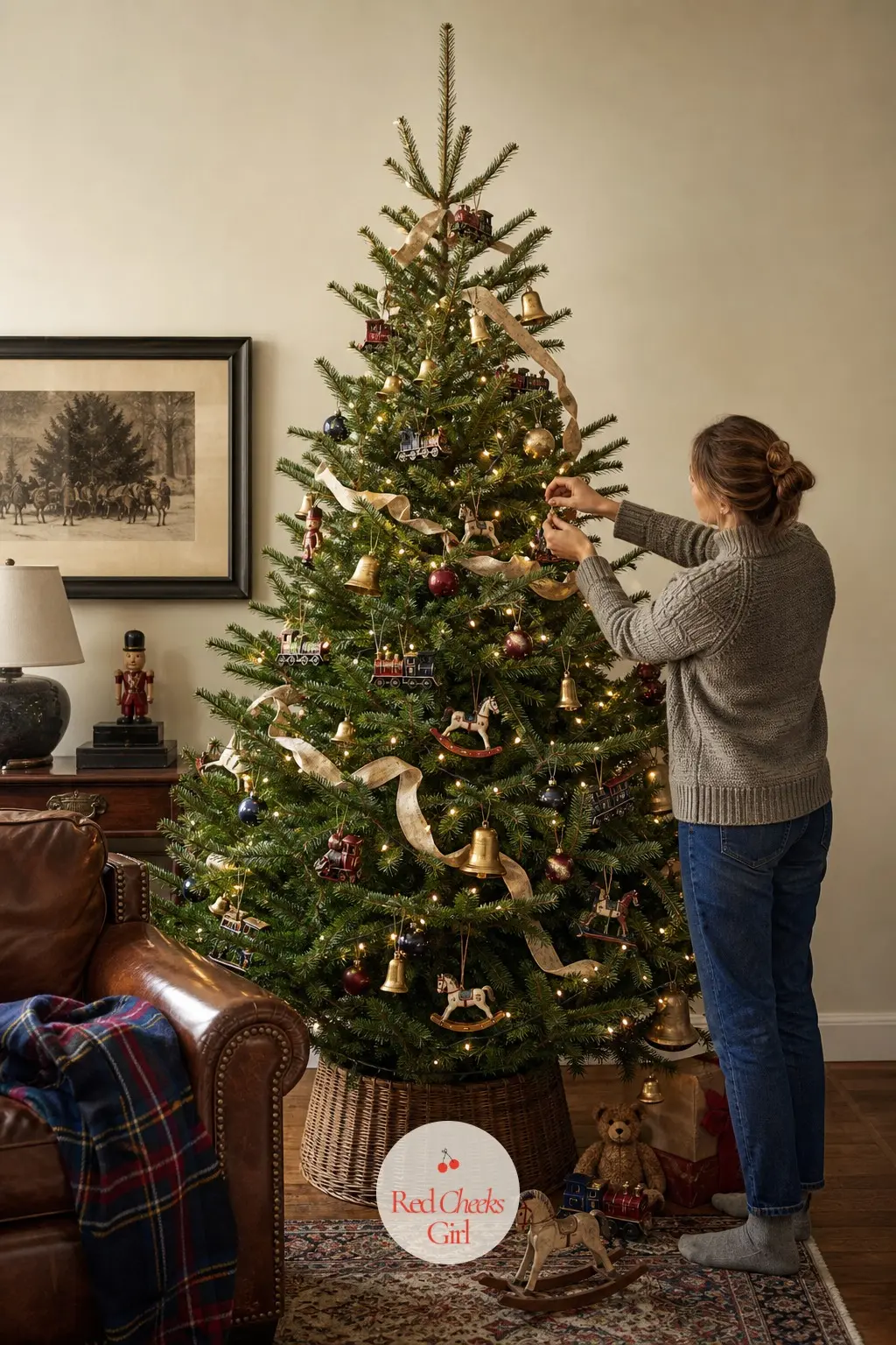 The Nostalgic Toy Chest Tree — Full size where the tabletop tree is small, this real fir carries a wider cast of vintage-style toys, a rocking horse, a train