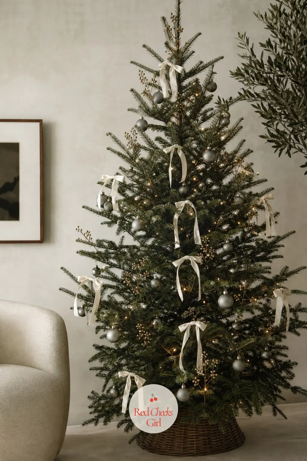 The Quiet Luxury Fir — This real tree is deliberately sparse, with gaps left between the branches rather than filled in, which is what makes the matte pewter