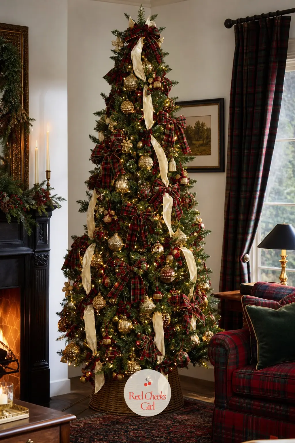 The Red Tartan Parlor Tree — Full and wide where the library tree is tall and narrow, this pre-lit artificial tree wears the more traditional reading of the
