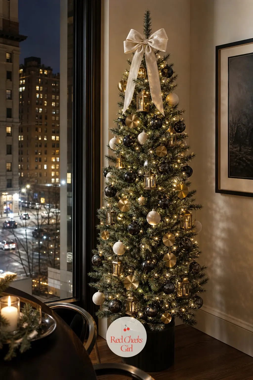 A Smoked Glass Tree for the City Flat Window — Seen from the street through a tall window, this tree reads as a single dark silhouette with points of light