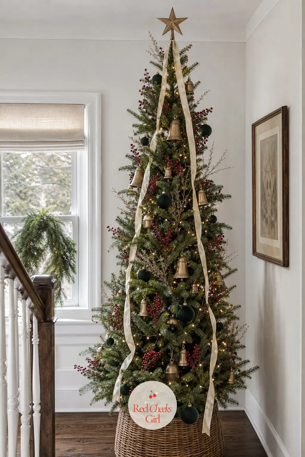 A Vertical Ribbon Tree on the Landing — Seen mostly from below as people climb the stairs, this tree is built to read well from an angle. Ralph lauren