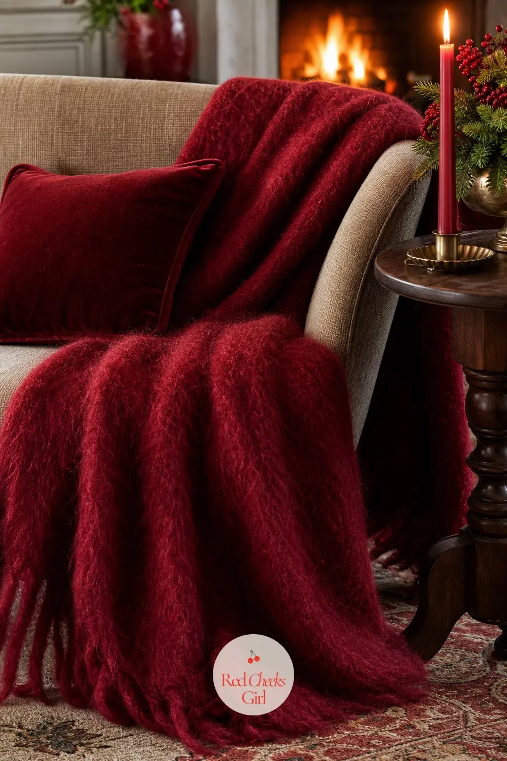 The Armchair Corner, Wrapped in a Crimson Mohair Throw — One chair gets the full cosy treatment: a crimson mohair throw folded over the arm, a single velvet
