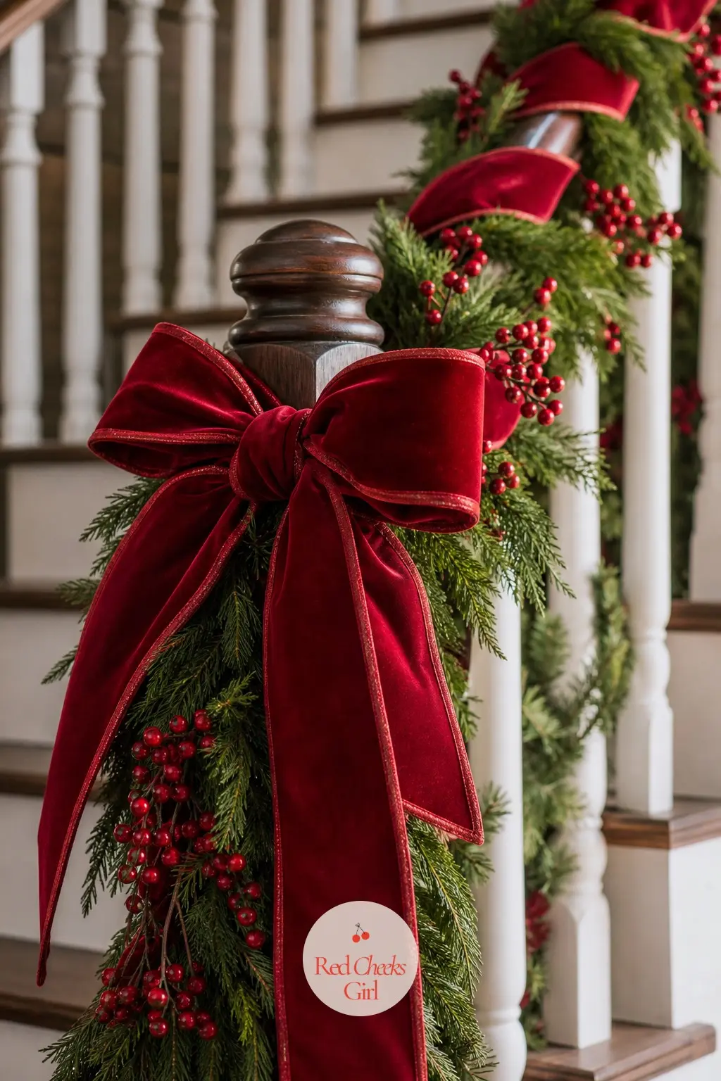 The Banister, Wound in Velvet Ribbon and Berry Garland — The staircase is the clearest place to show scale, and a full run of garland down the rail does the