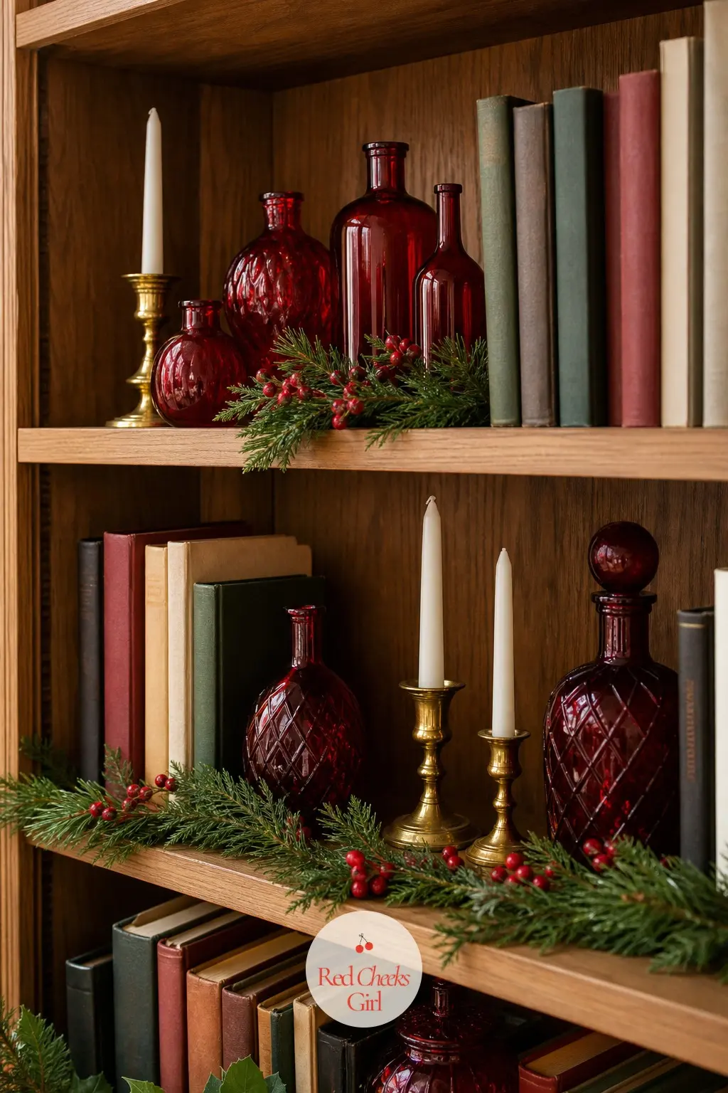 The Bookshelves, Styled With Ruby Glass and Fresh Greenery — Bookshelves take red best in small glass doses: a cluster of ruby glass vases or bottles tucked
