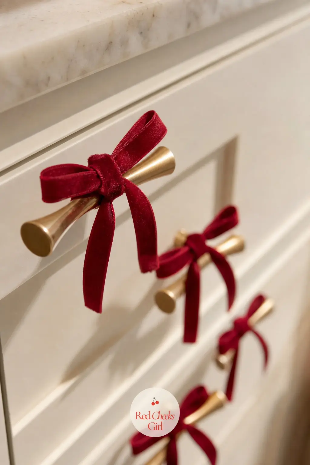 The Cabinet Pulls, Each Wrapped in a Mini Velvet Bow — Kitchen cabinet pulls or dresser drawer handles take a tiny velvet bow tied on each one, a detail so