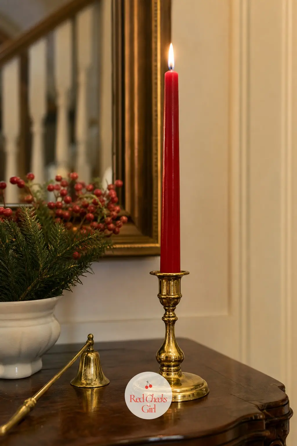 The Candle Holders, Lit in Red Taper Throughout the House — Rather than one grand candle moment, a few single red tapers in brass or glass holders scattered