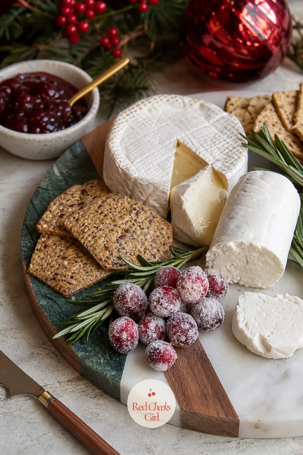 The Cheese Board, Built in Cherry, Cream and Green — A board builds the palette in food rather than decor: cherries and sugared cranberries for the red, soft