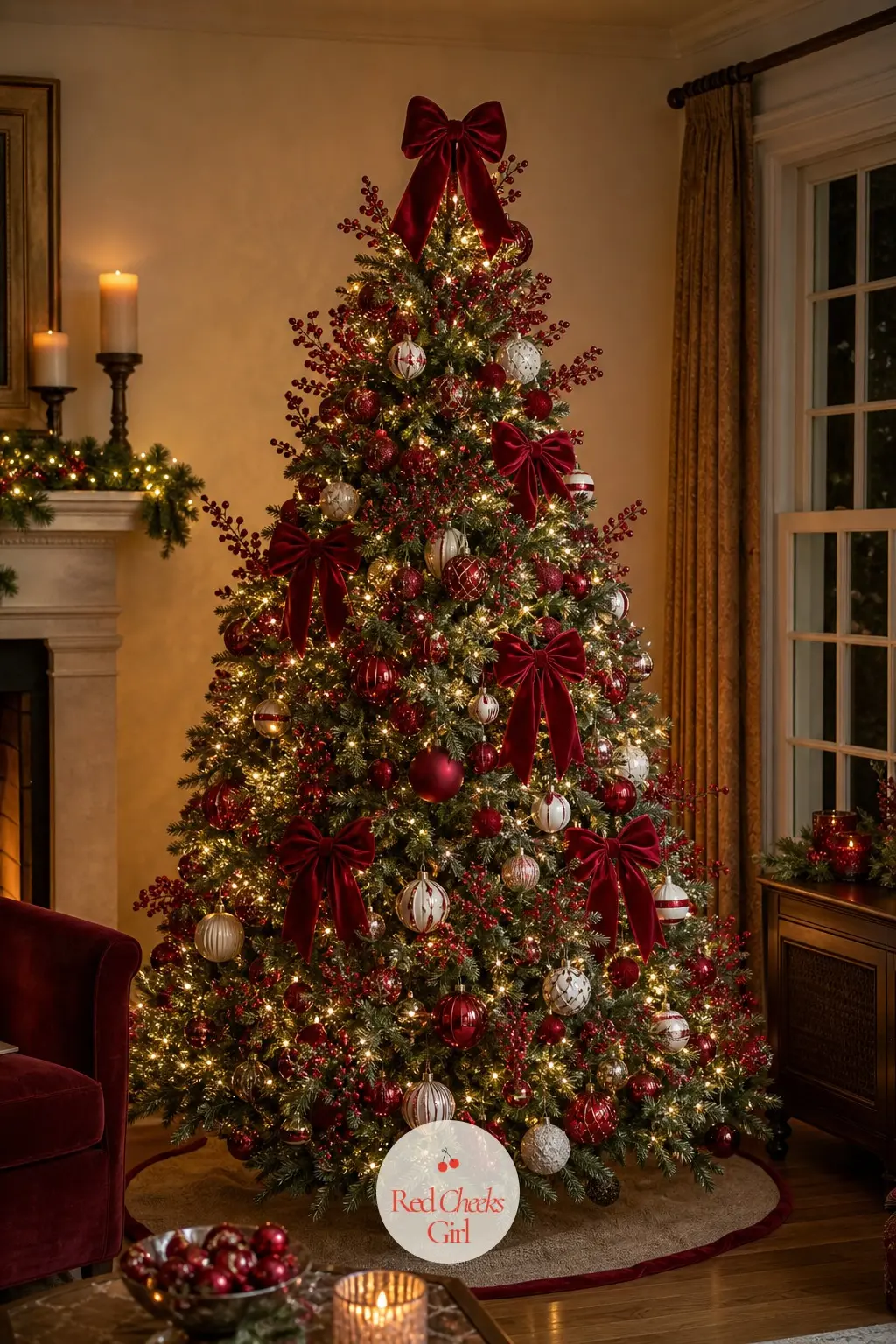 The Christmas Tree, Dressed in Cherry Velvet Bows and Glittered Berries — The tree carries the boldest concentration of the palette in the house: deep cherry