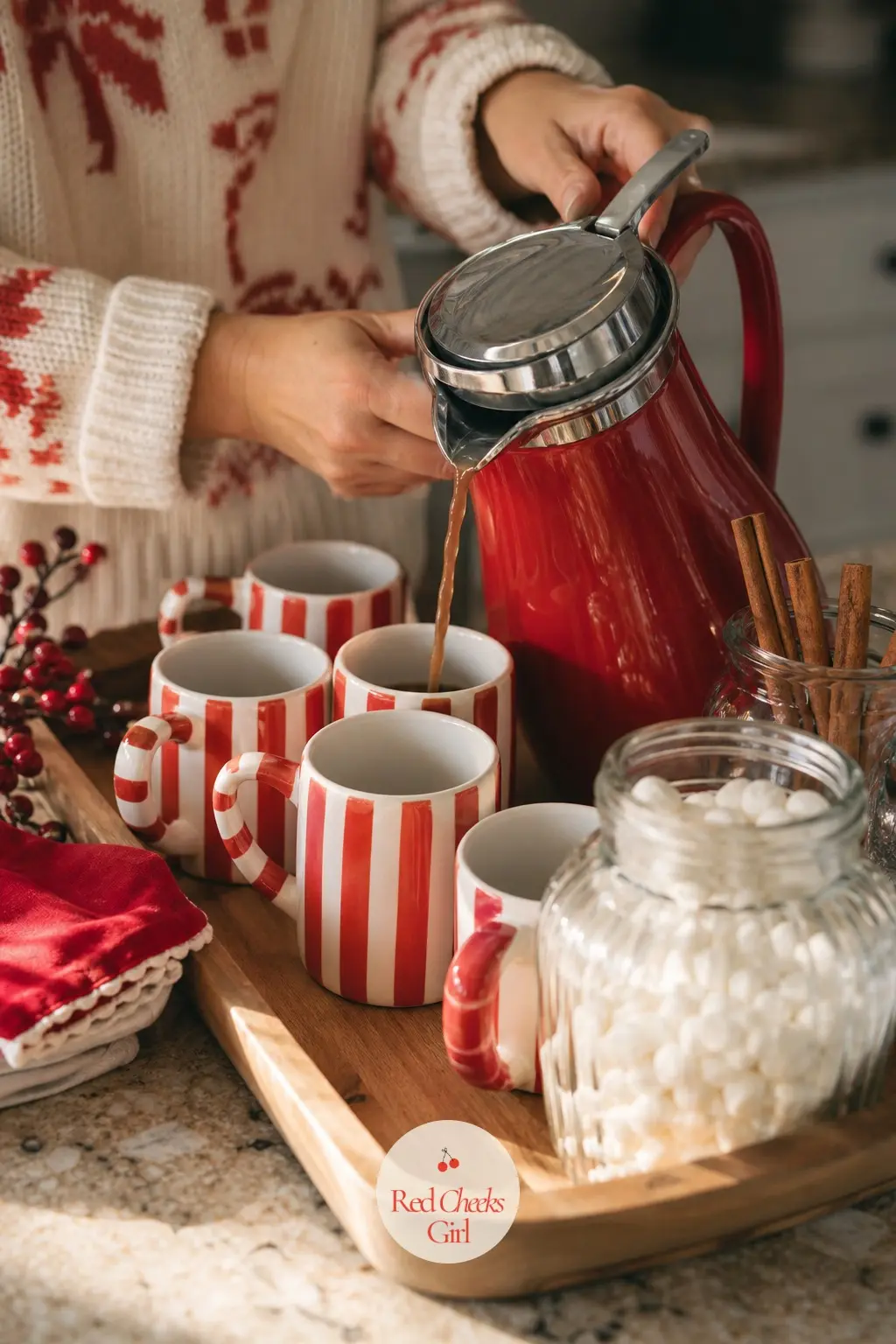 The Cocoa Station, Poured Beside a Row of Striped Mugs — A small tray on the counter turns cocoa into a moment: a row of red and white striped mugs, a jar of