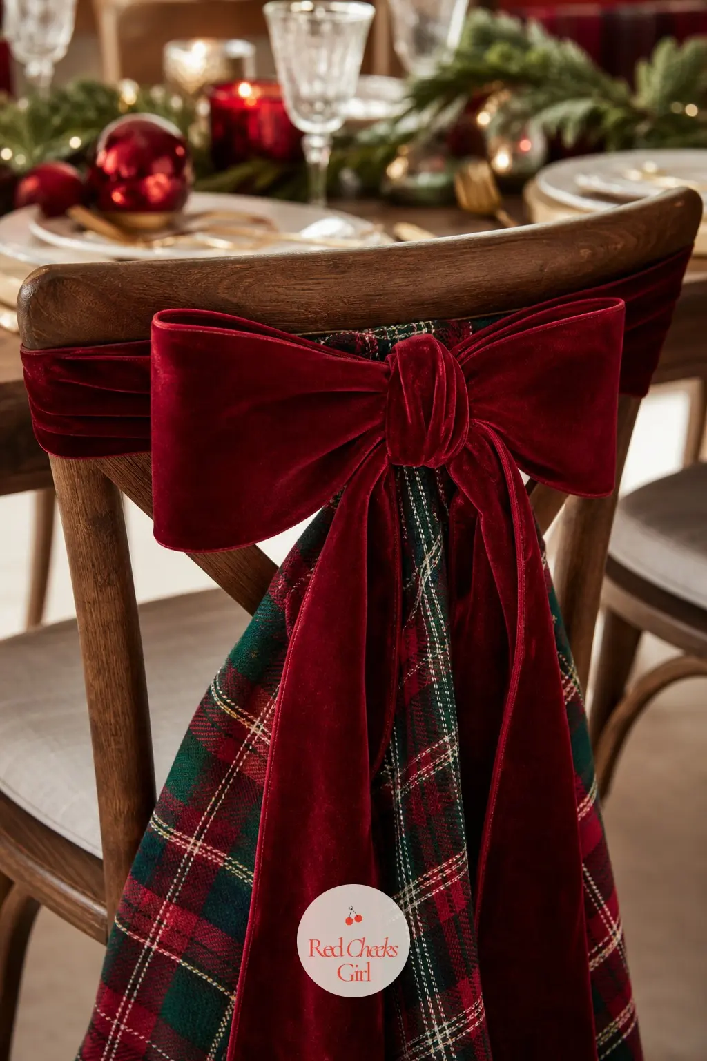 The Dining Chairs, Each Tied With a Velvet Bow — Chair backs are an easy win: a velvet bow tied to each one pulls the whole table together without touching the