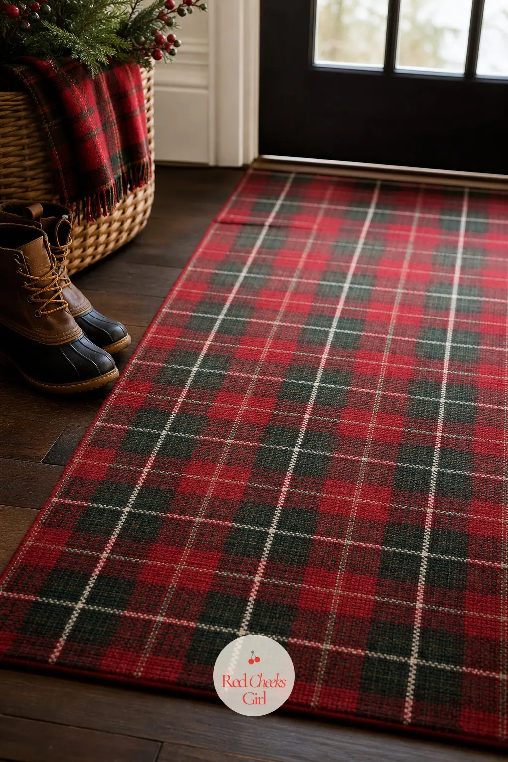 The Entry Floor, Laid With a Plaid Runner — The last corner is underfoot: a plaid runner laid just inside the entry, red and green against the floor, catches