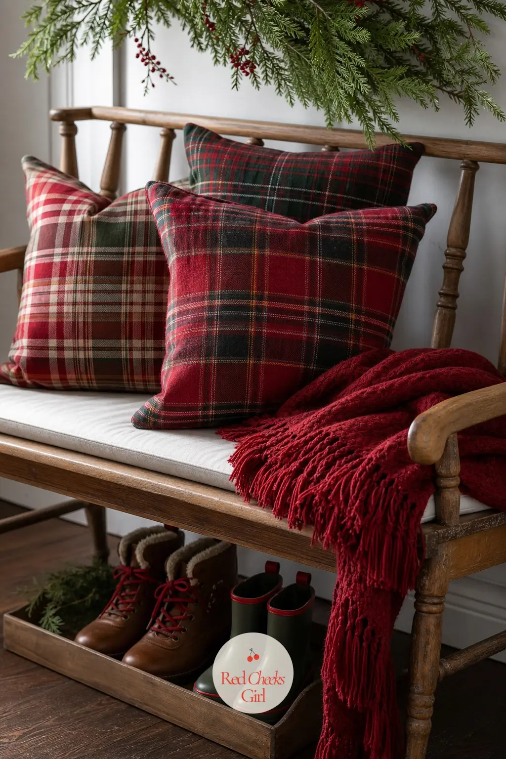 The Front Hall Bench, Piled With Plaid Pillows — A bench by the back or side door earns a pile of plaid cushions and a folded red throw, turning a practical