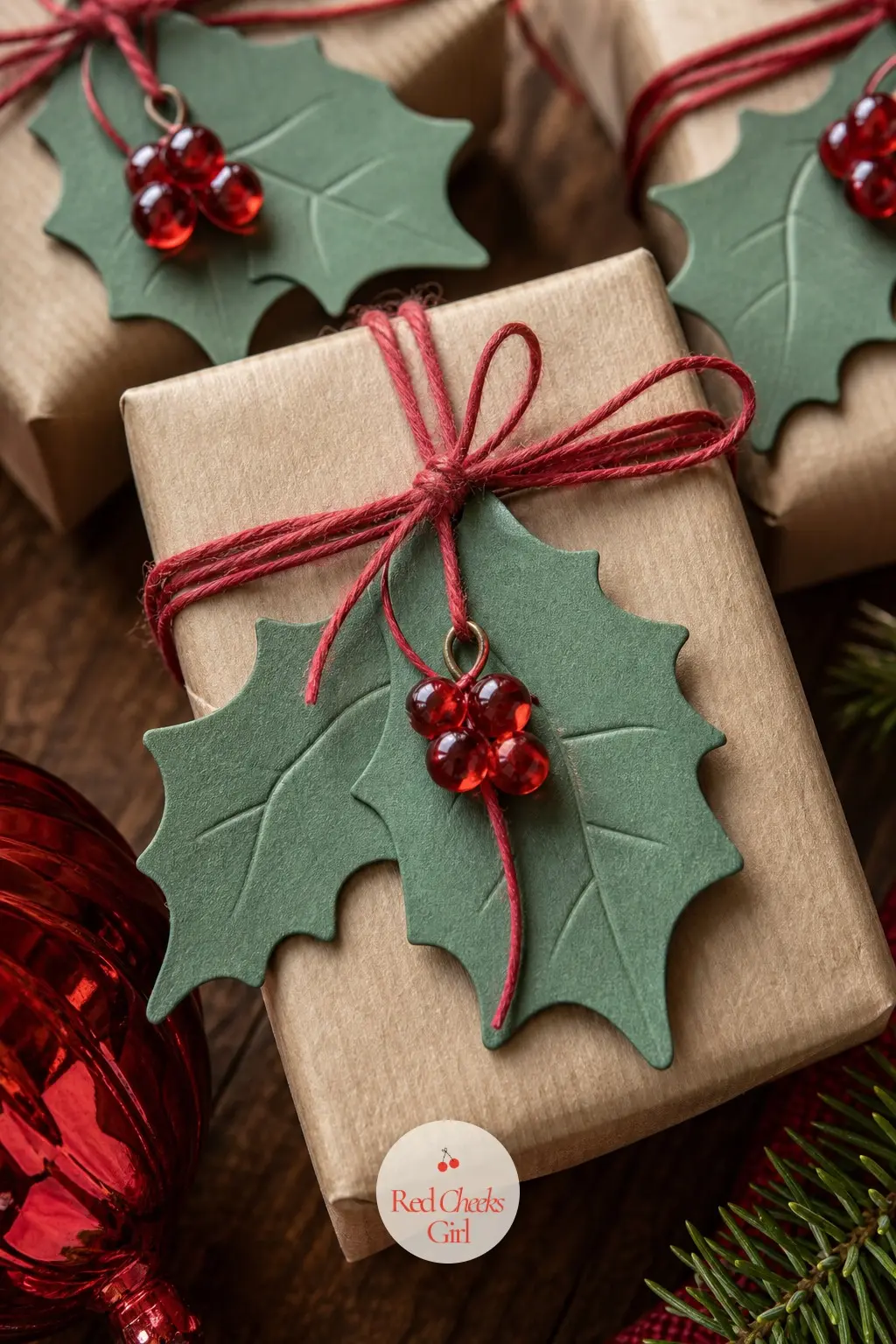 The Gift Tags, Cut Into Holly Leaves and Berry Clusters — Instead of printed tags, cut plain kraft card into holly leaf shapes and tie each one with red string