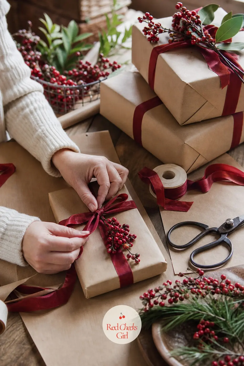 The Gift Wrapping Station, Papered in Kraft and Cherry Ribbon — This is the one entry shot close on the parcels themselves rather than the tree: kraft paper