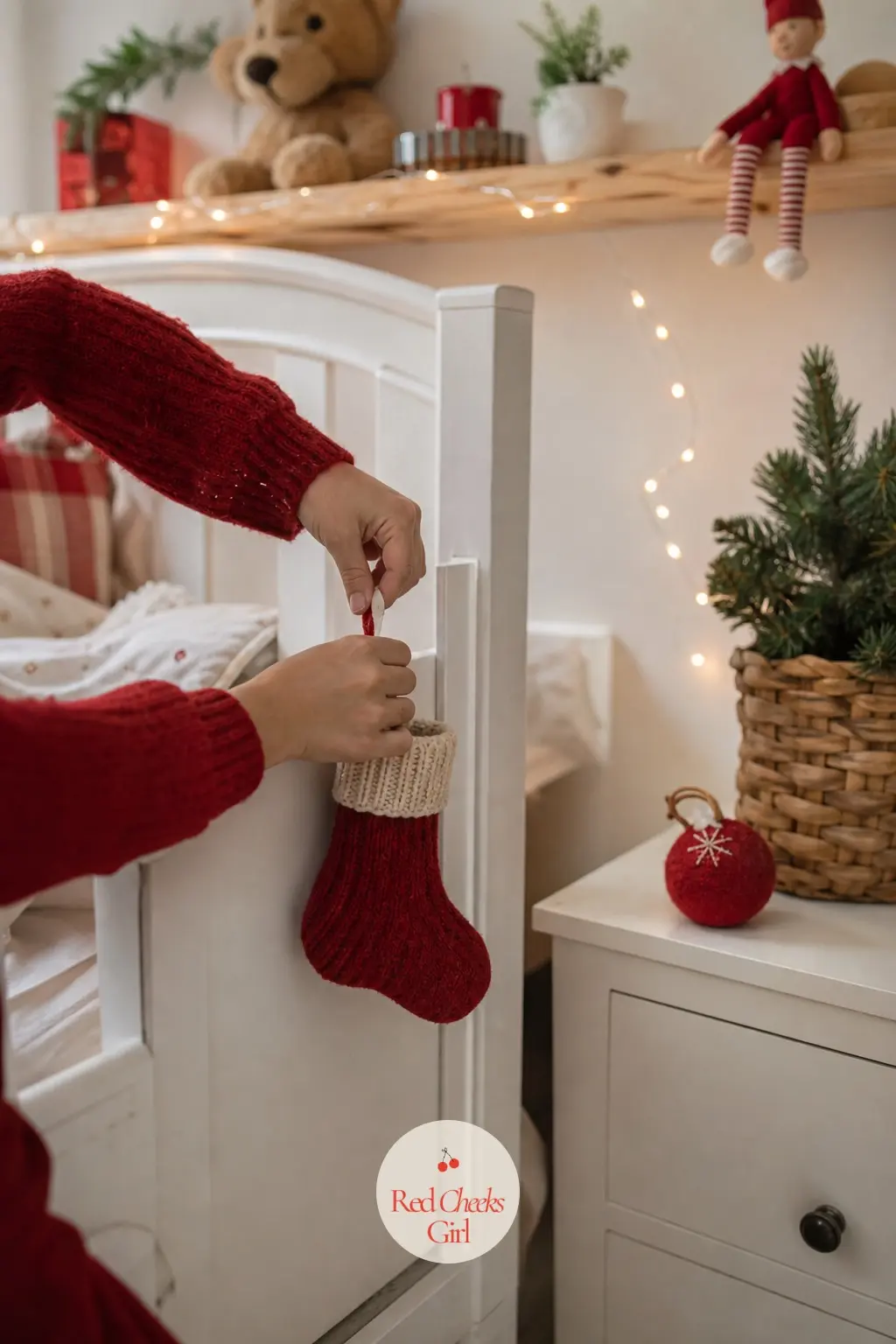 The Kids' Room, One Stocking and a String of Lights — A child's room gets the lightest touch in the house: one small stocking hung on the bed frame, a string