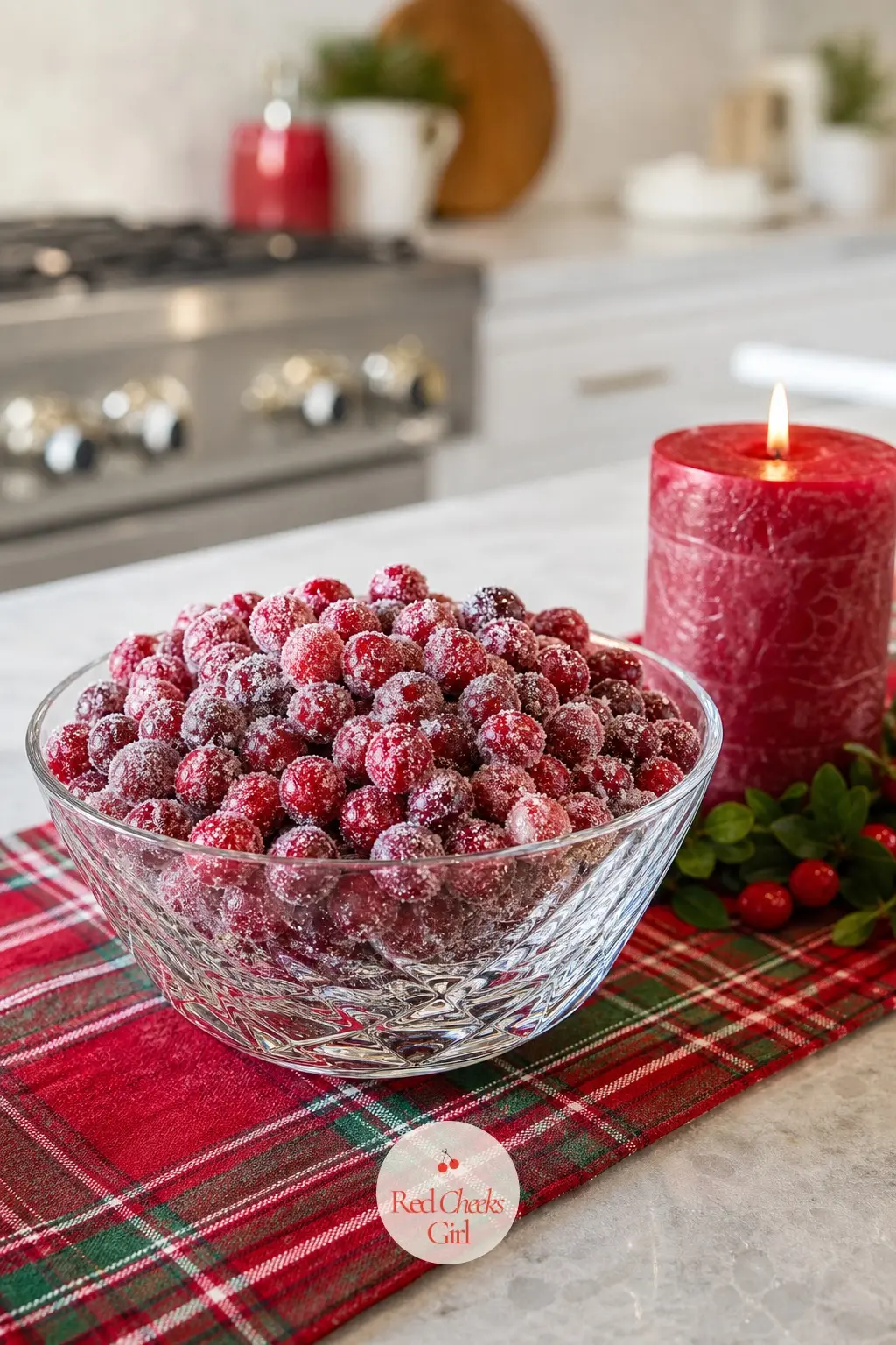The Kitchen Island, Topped With a Bowl of Sugared Cranberries — The island is the counter everyone leans on, so a large glass bowl of sugared cranberries does