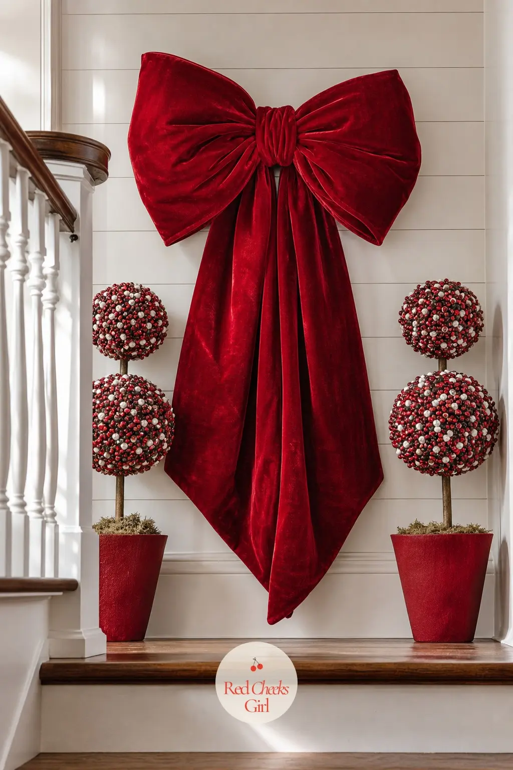 The Landing, Framed With an Oversized Bow and a Topiary Pair — The top of the stairs gets one big gesture rather than more garland: an oversized velvet bow