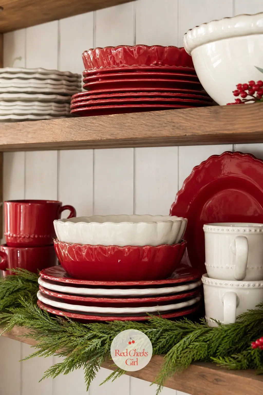 The Open Shelving, Lined With Red and White Stoneware — Open shelves are the easiest place in a kitchen to swap in the season's colours without buying new