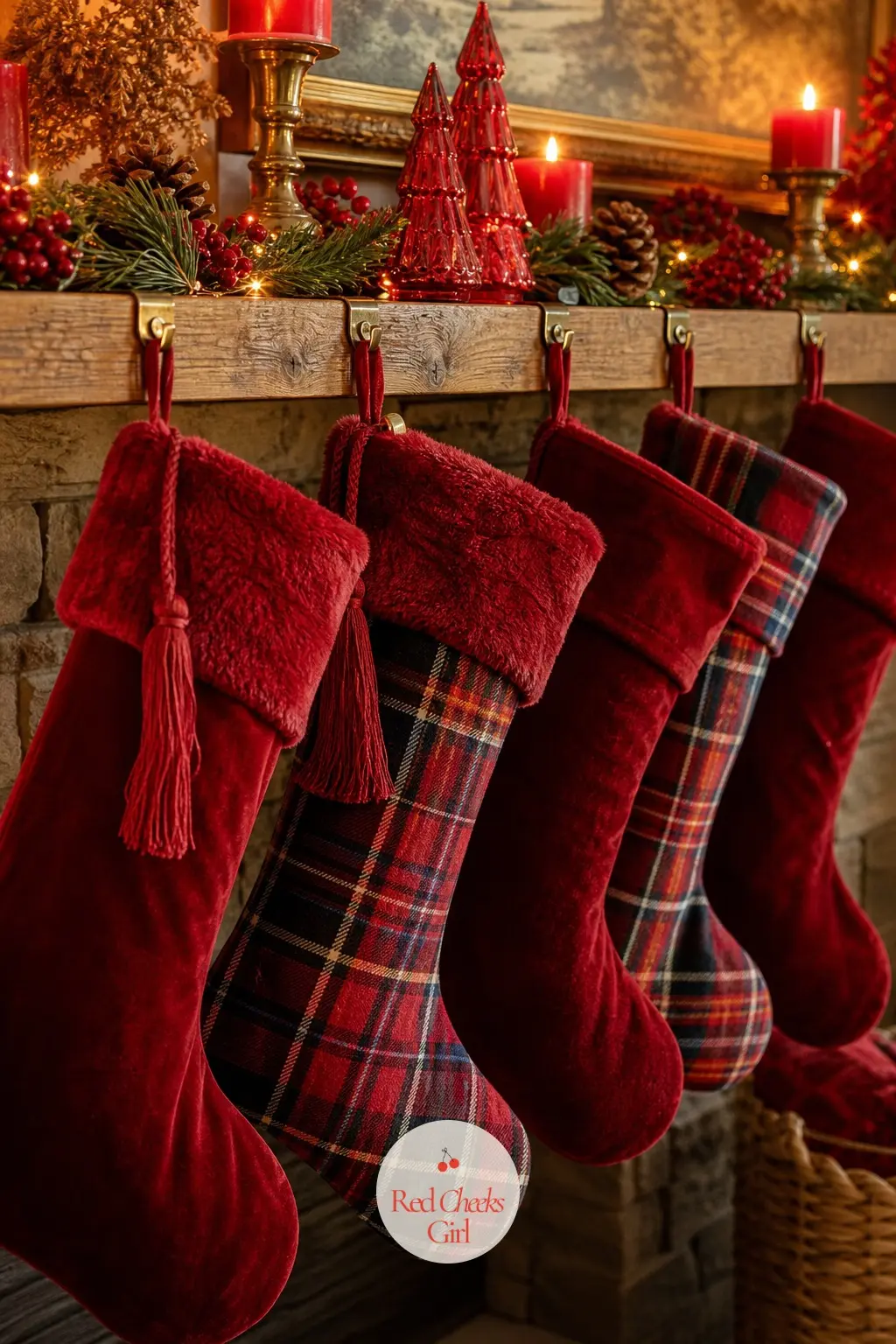 The Stockings, Hung in a Row Along a Shelf — With the mantel already spoken for elsewhere in the house, stockings hang instead along a shelf or ledge near the