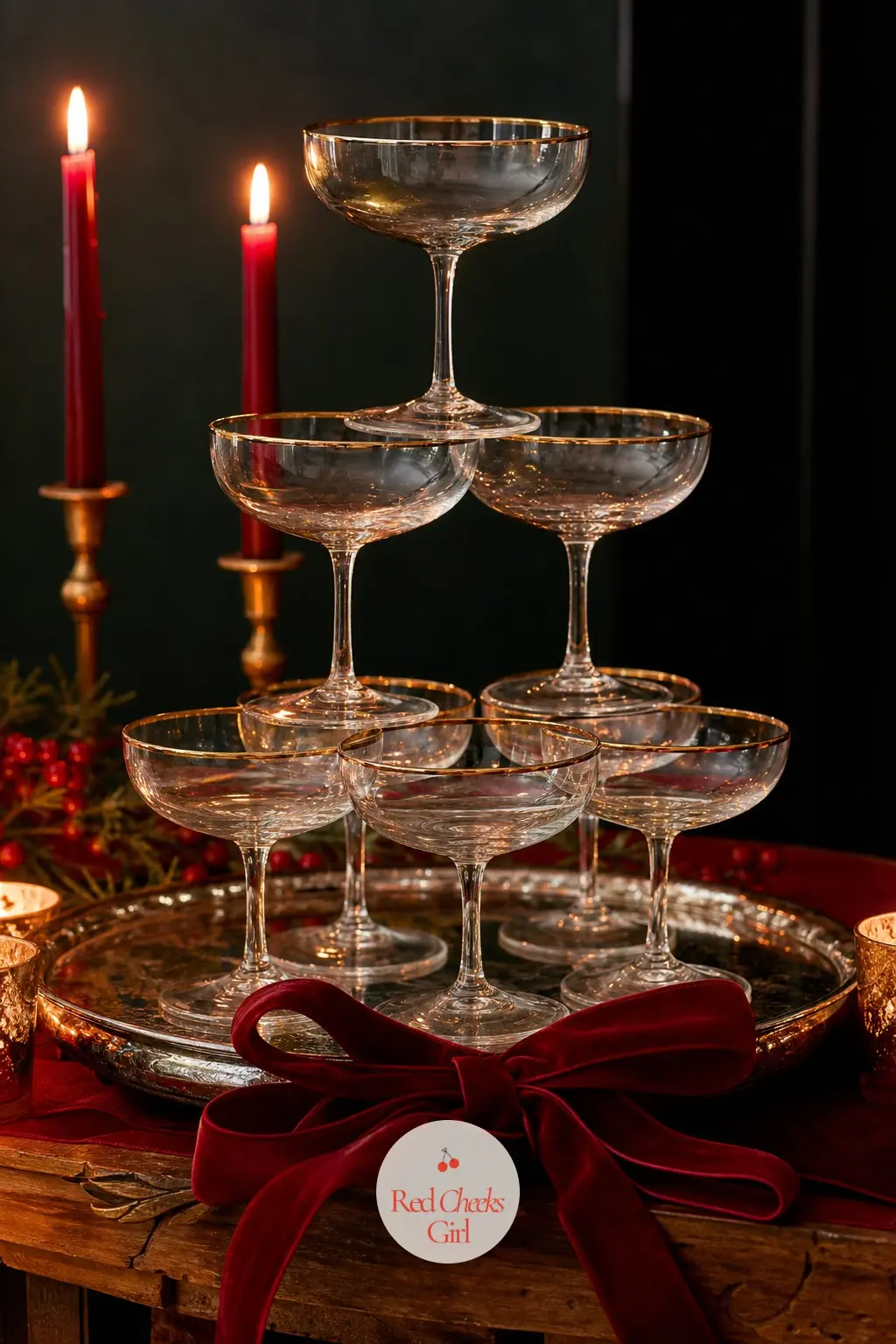 The Champagne Coupe Tower, Ready for Midnight Toasts — No gala table is complete without somewhere for the toast to come from. Red and gold christmas decor