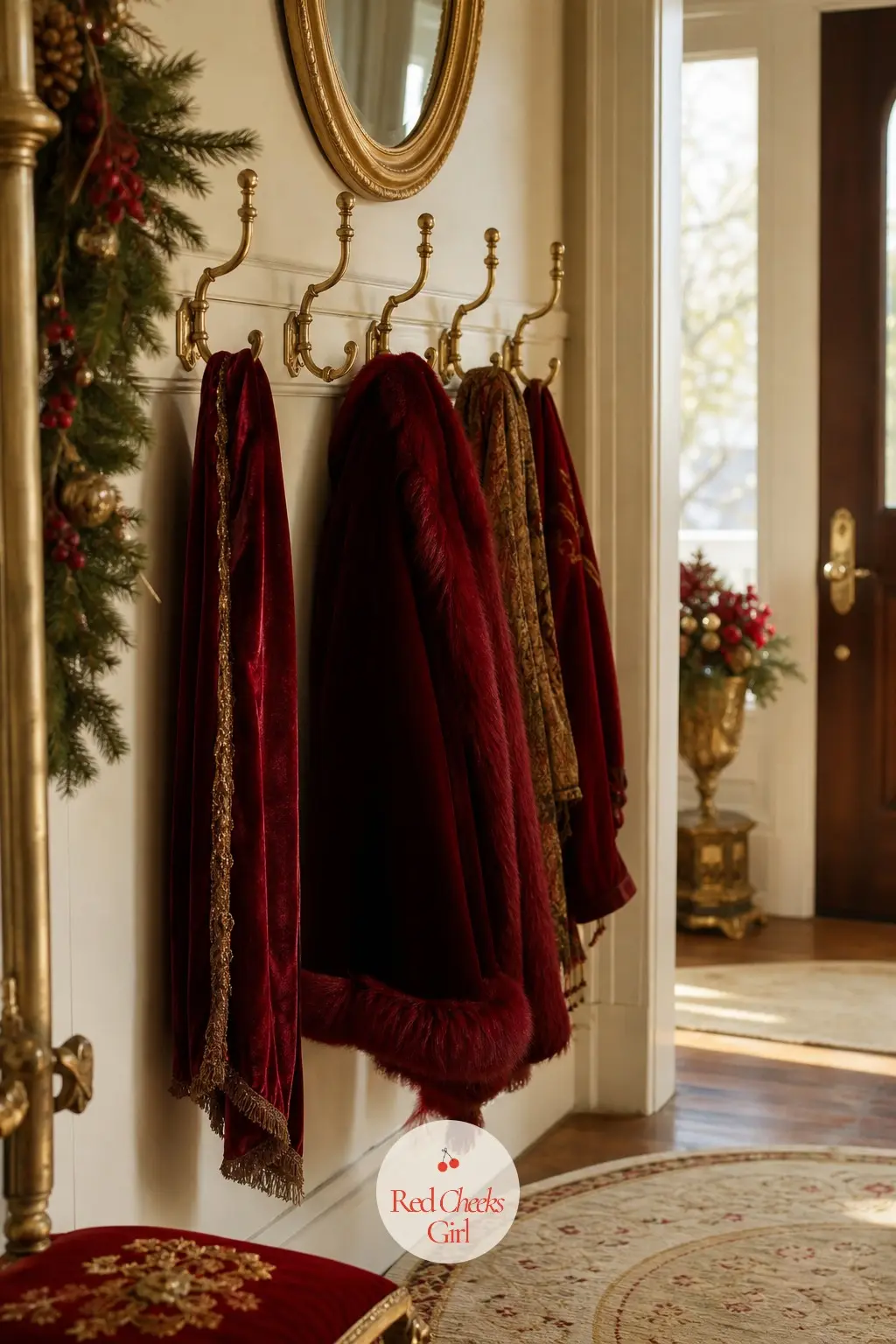 The Cloakroom Corner, Hung with Velvet Stoles and Brass Hooks — Somewhere near the door, coats need a place that does not look like an afterthought. Red and
