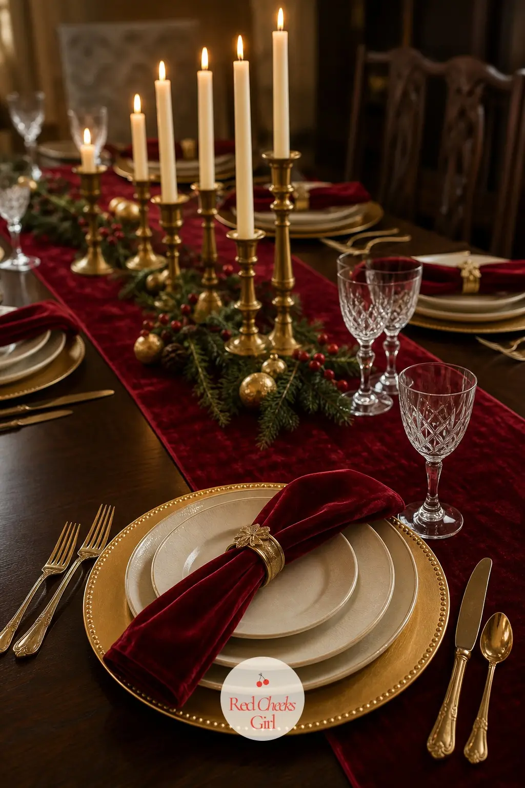 The Dining Table, Laid with Gold Chargers and Velvet Runners — The table is where the palette gets to be literal rather than suggested. Red and gold christmas
