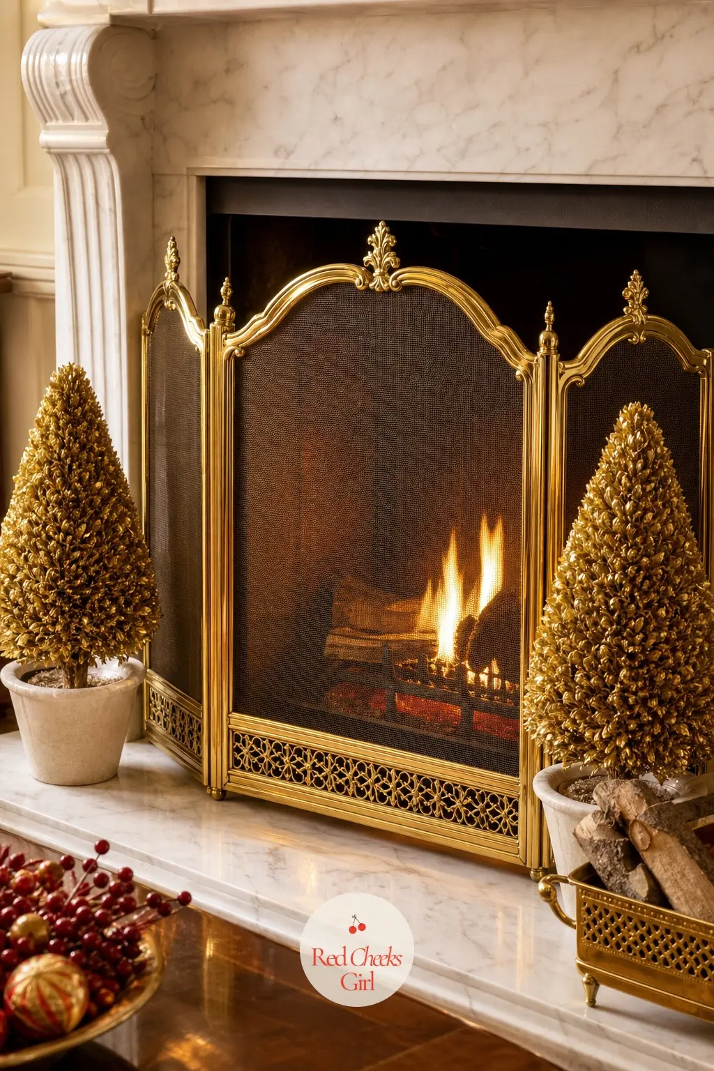 The Fire Screen, Polished in Brass and Flanked by Gold Topiaries — A brass fire screen does quiet work here, catching the firelight and reflecting it back into