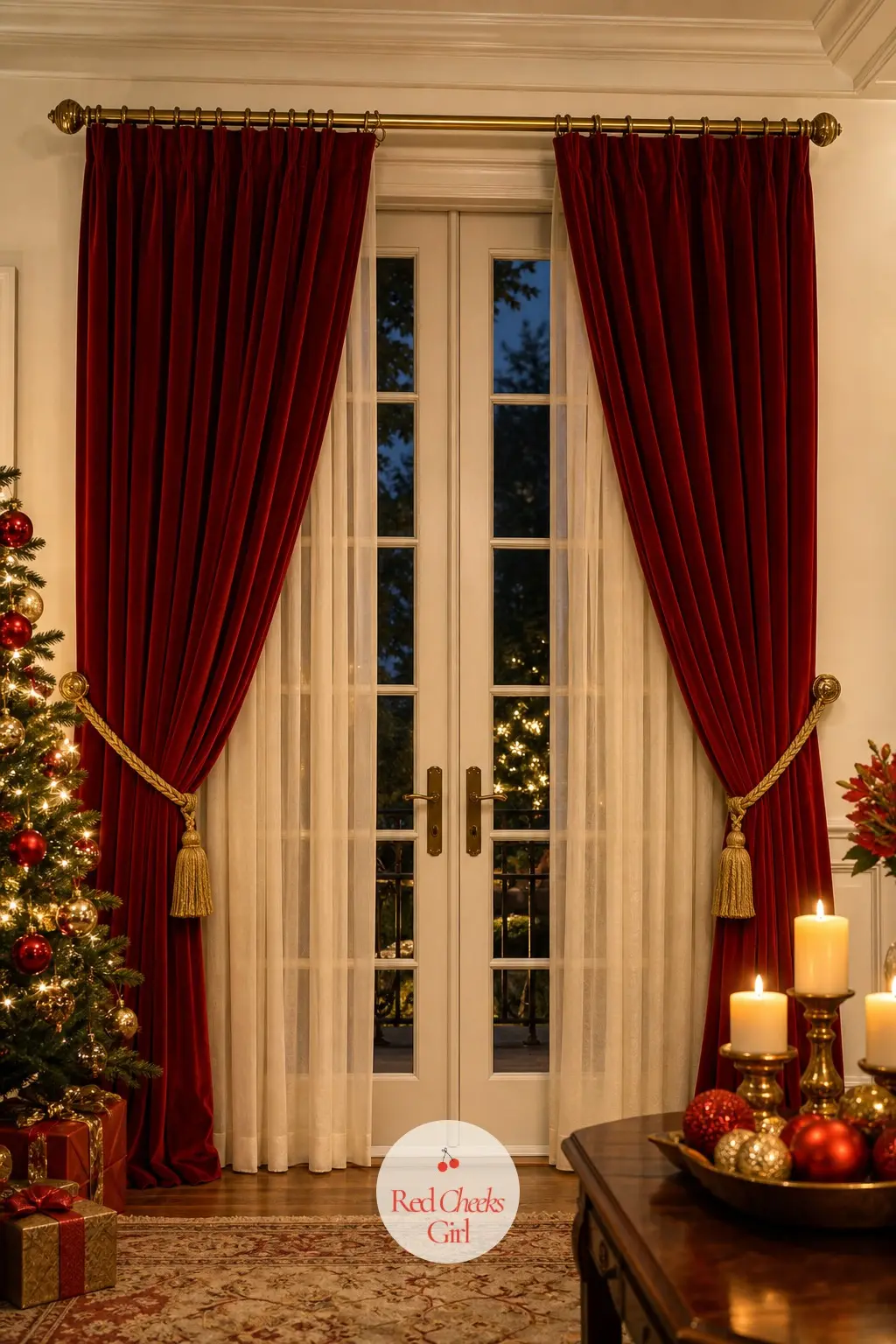 The French Doors, Draped in Velvet and Gold Tiebacks — Heavy velvet panels on the French doors turn an ordinary opening into something a little theatrical, the