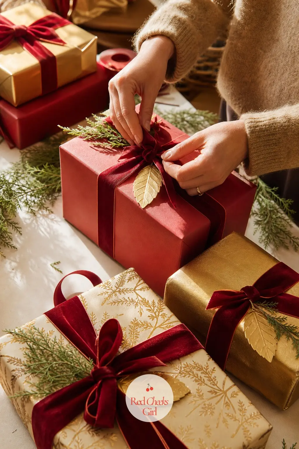 The Gift Wrapping Station, Papered in Red, Gold and Cream — Shot close, this is just the parcels themselves, no wrapping mess in view. Red and gold christmas