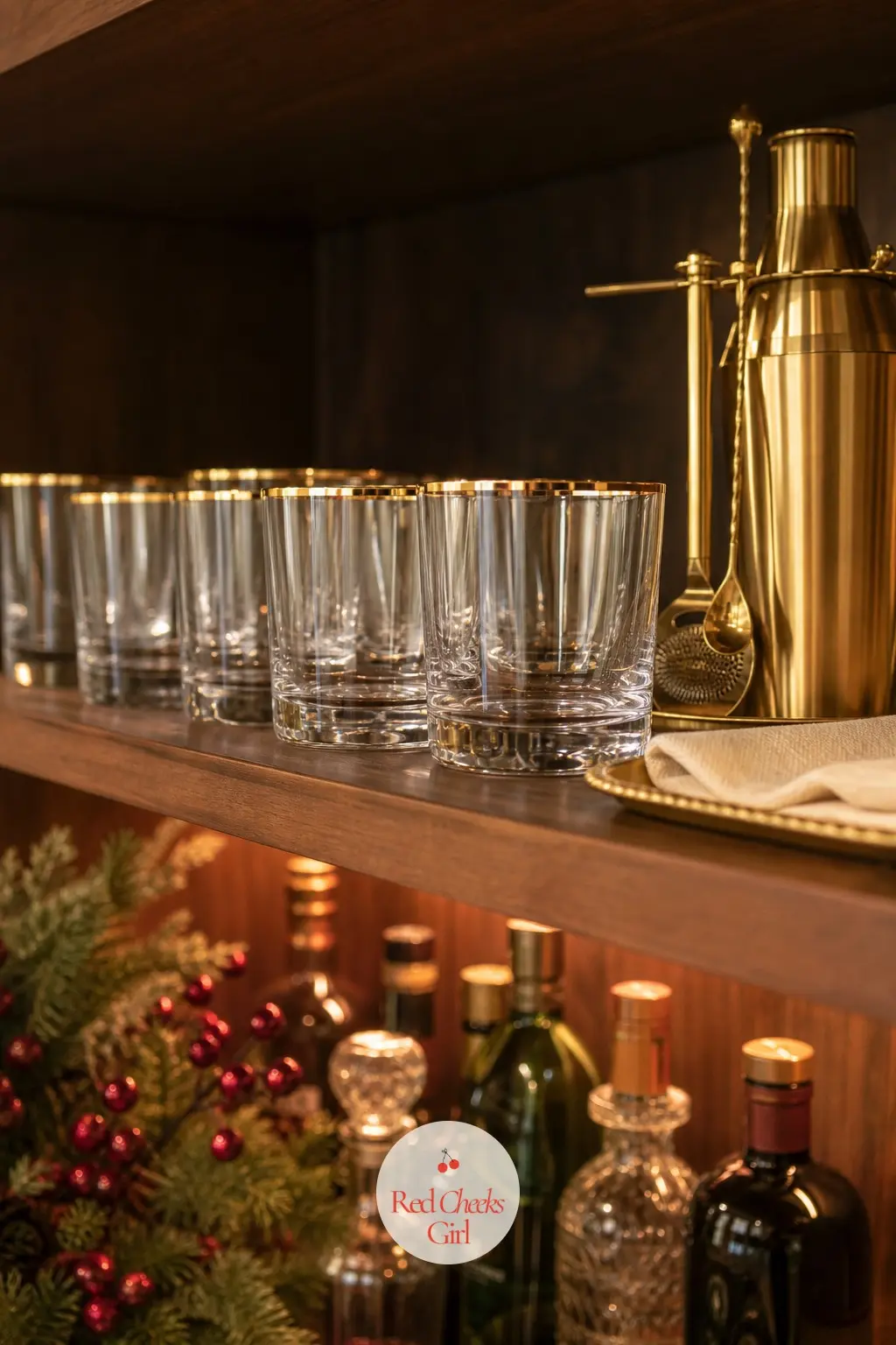 The Home Bar Shelf, Lined with Gold-Rimmed Glassware — The last stop before the party starts properly. Red and gold christmas decor