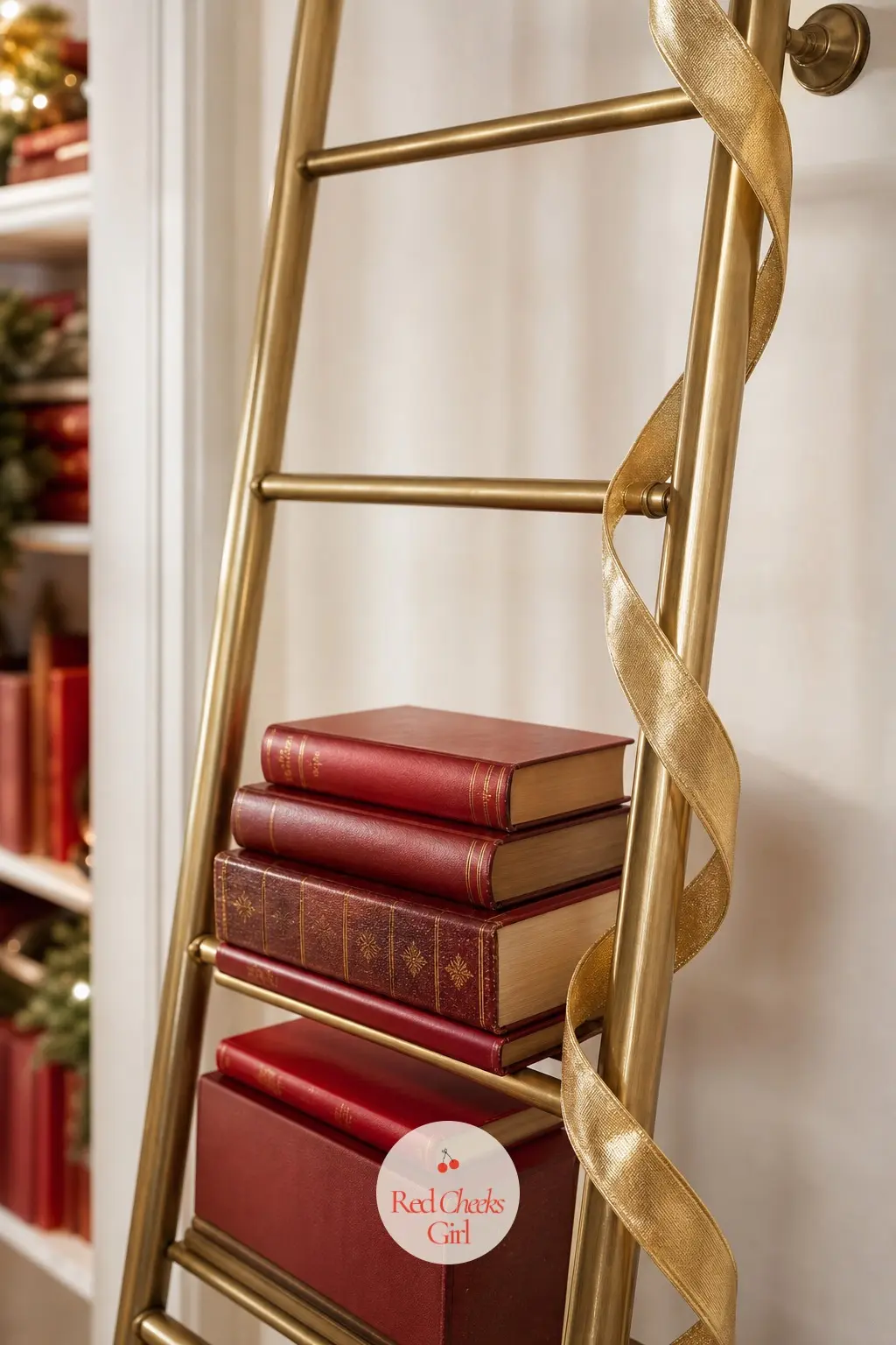 The Library Ladder, Styled in Brass and Red Spines — A library ladder gets dressed the same way a bookshelf would, just vertically. Red and gold christmas decor