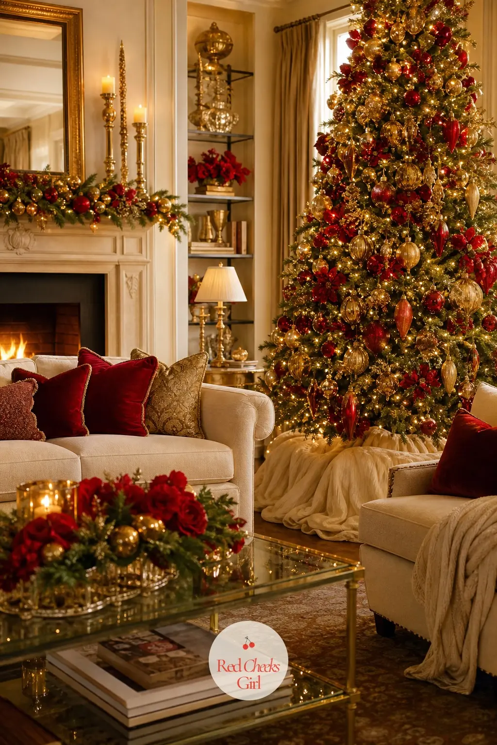 The Living Room, Lit for a Grand Hollywood Christmas — This is the wide shot, the one photograph that has to sell the whole house. Red and gold christmas decor
