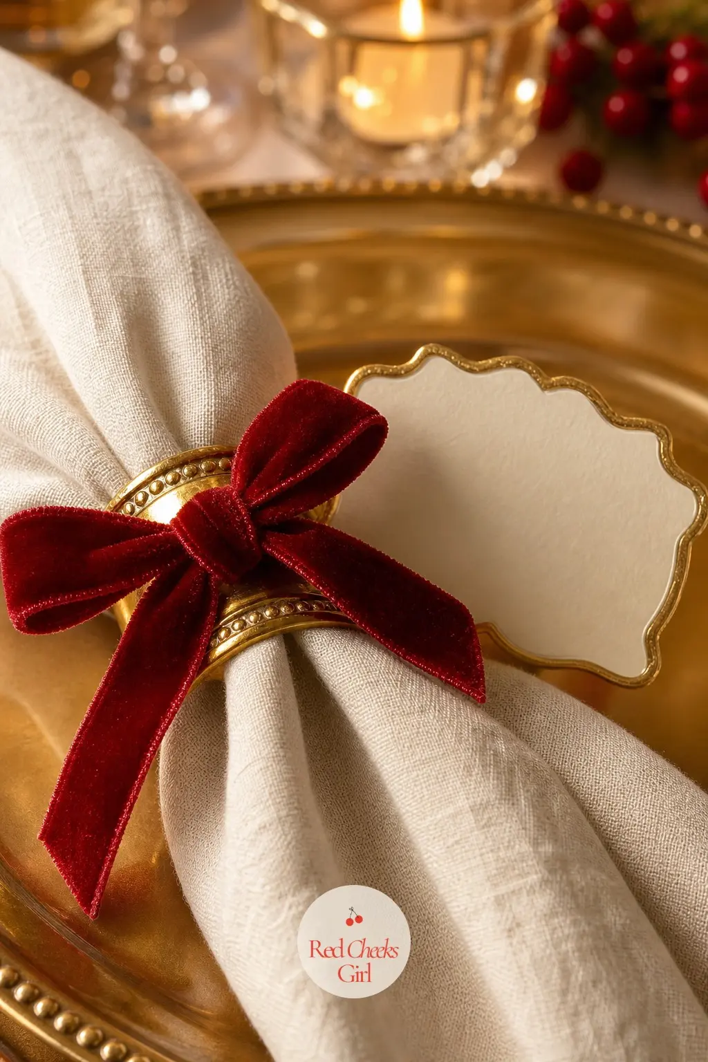 The Napkin Rings and Place Cards, Clasped in Gold — Close up, this is where the bow motif shrinks down to its smallest size. Red and gold christmas decor